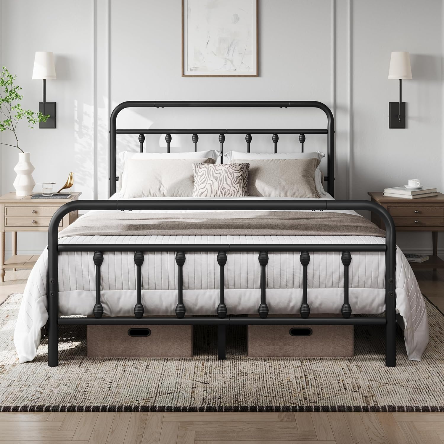 Yaheetech 4ft6 Double Bed Frame Vintage Iron Platform Bed with High Headboard an...