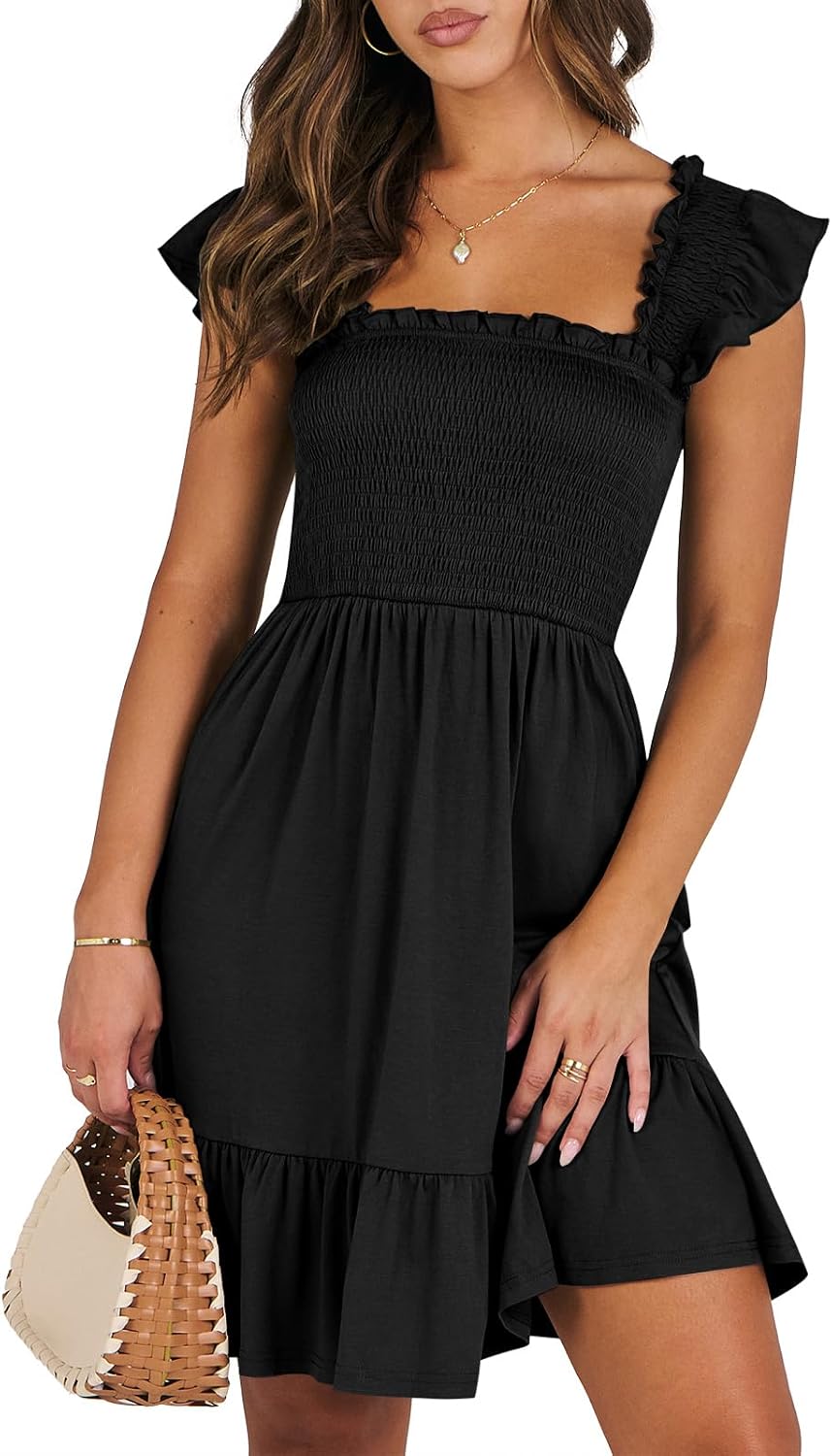 ANRABESS Women's Summer Casual Sleeveless Square Neck Dress 2025 Smocked Ruffle...