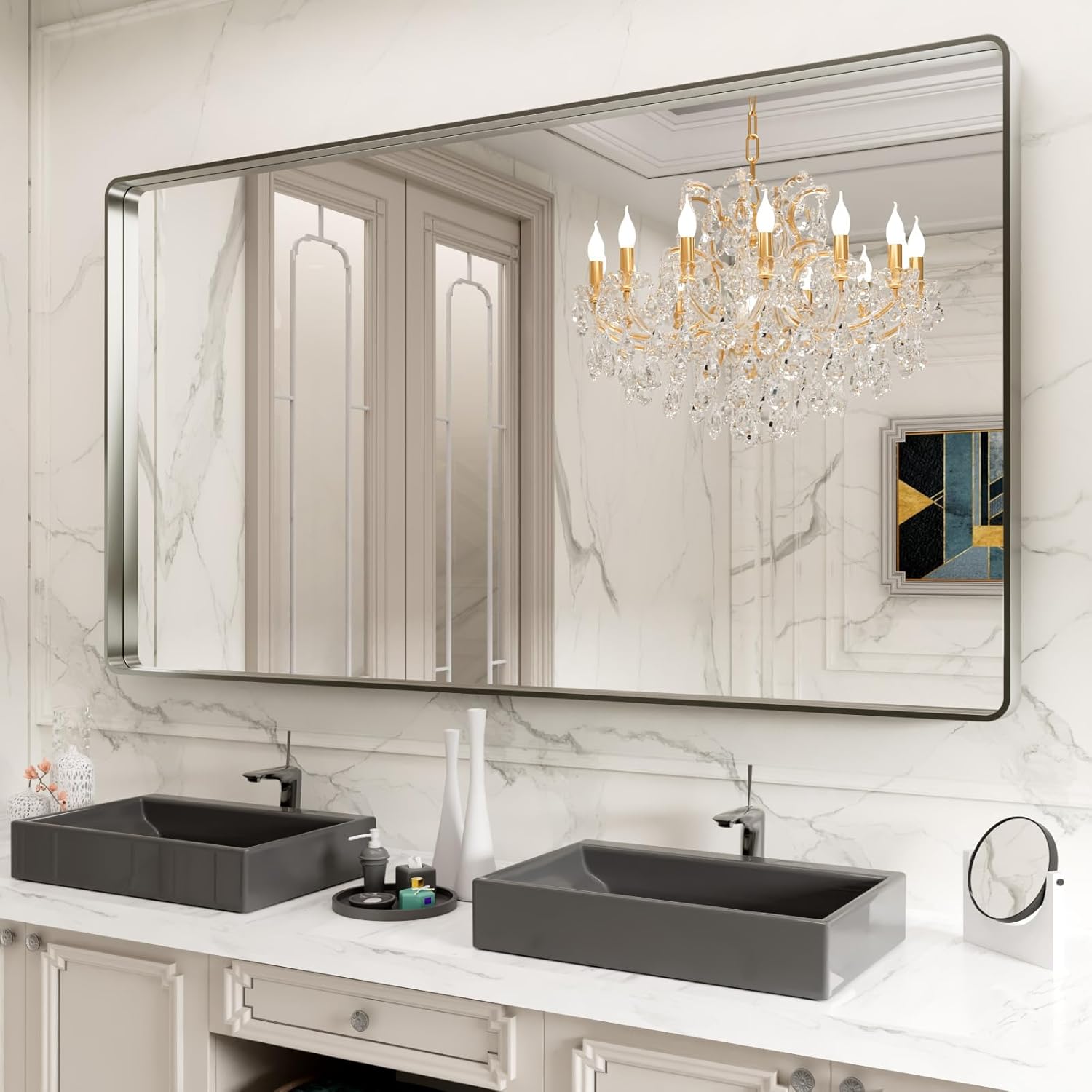 LOAAO 84X32 Inch Bathroom Mirror, Special Rounded Rectangle Silver Metal Frame M...