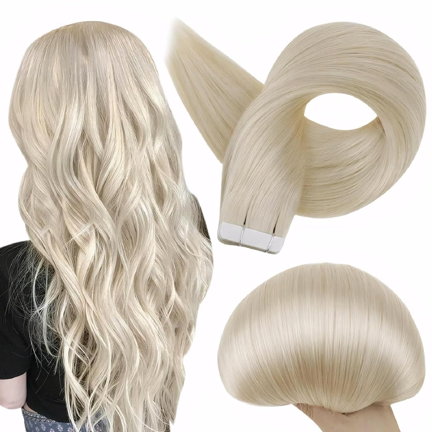 Full Shine Tape in Hair Extensions Human Hair 60 Platinum Blonde Tape Hair Exten...