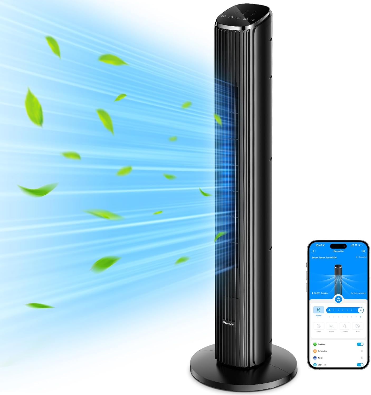 GoveeLife 36'' Smart Tower Fan for Bedroom, 27dB Silent Floor Fan with App & Voi...