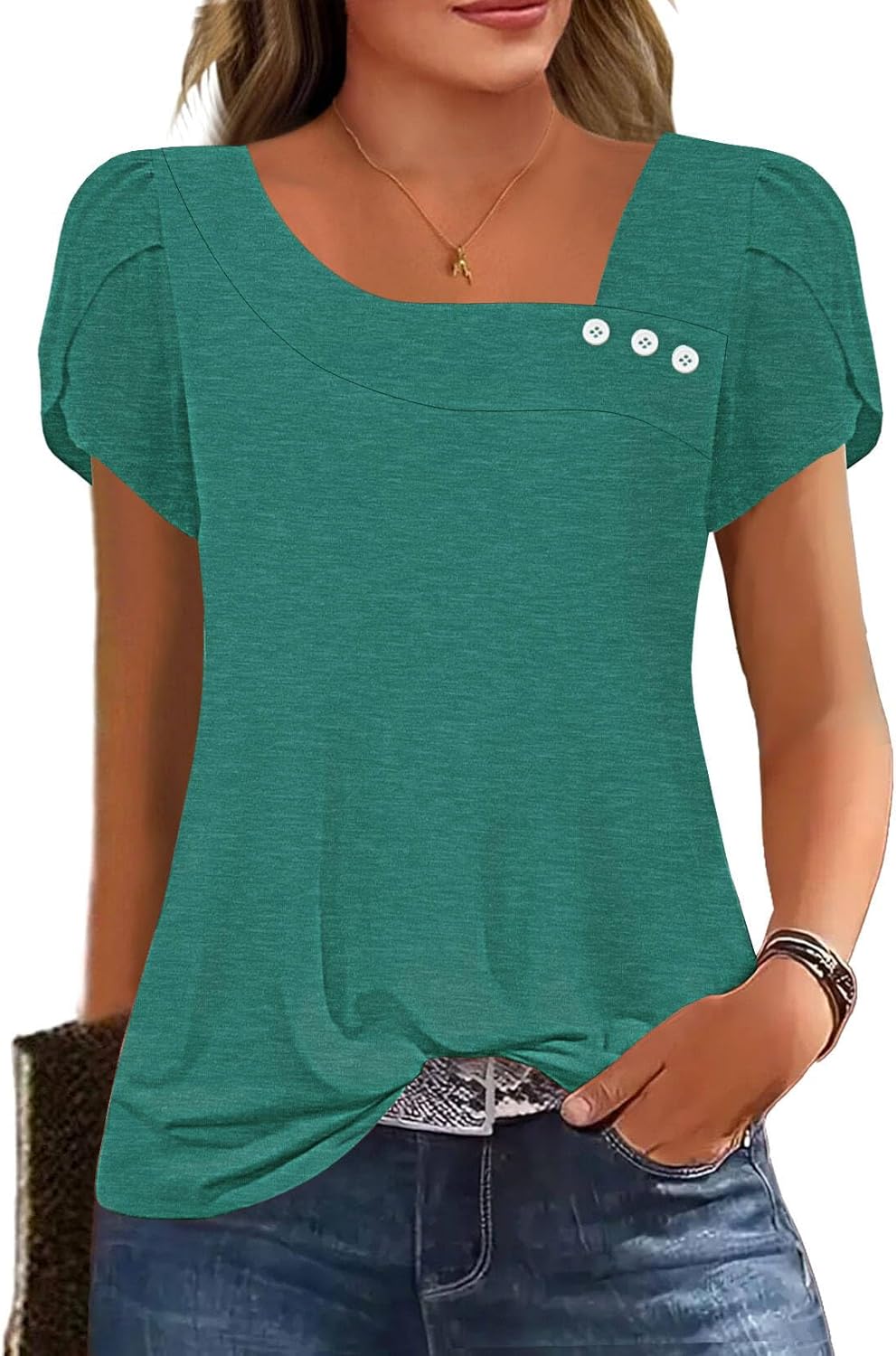 Trendy Womens Petal Sleeve Tops, Stylish Summer T Shirt, Casual Loose Square Nec...
