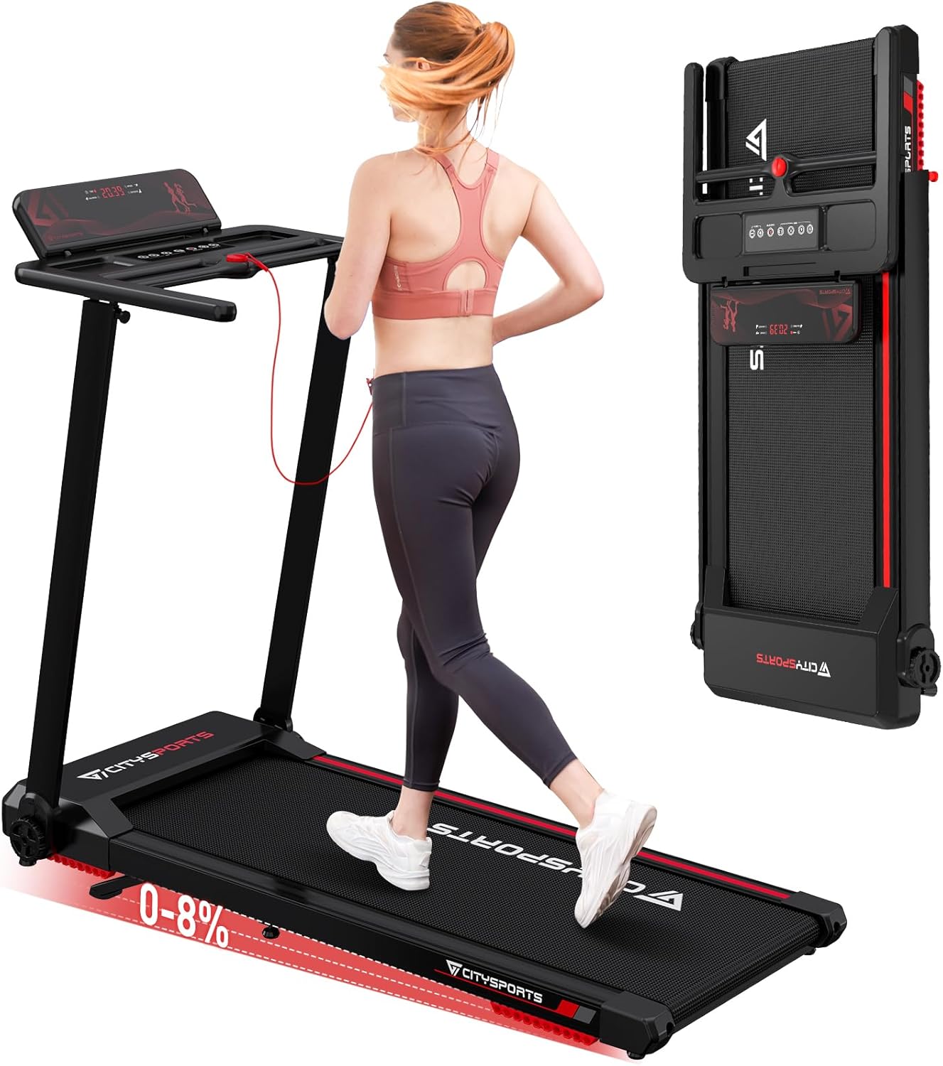 CITYSPORTS Folding Treadmill,8% Incline Treadmills for Home,12km/h Portable Trea...
