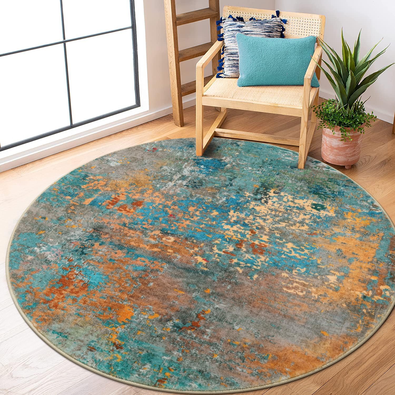 Lahome Modern Abstract Round Rug - 5Ft Colorful Living Room Rug Washable Kitchen...