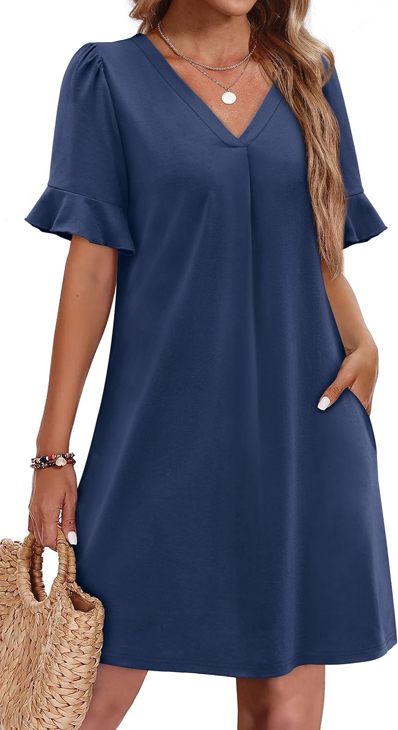 OFEEFAN Summer Dresses, Unique Ruffle Short Sleeve Dress, Affordable V Neck Casu...