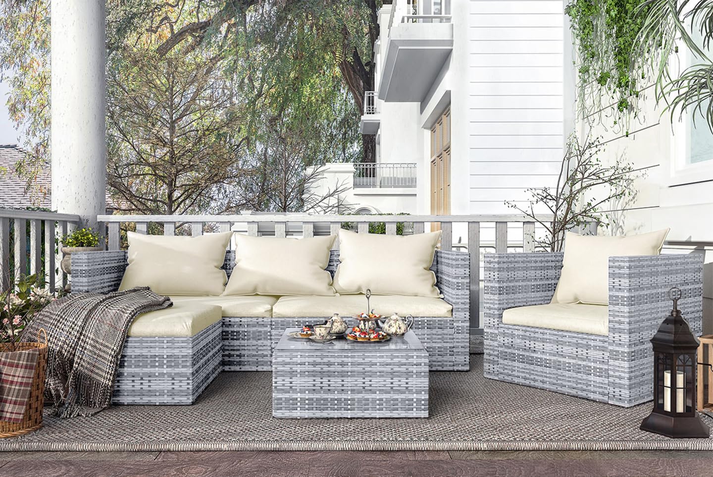 Unique bigzzia Rattan Garden Furniture Set, Premium 5PCS Rattan Modular Corner S...