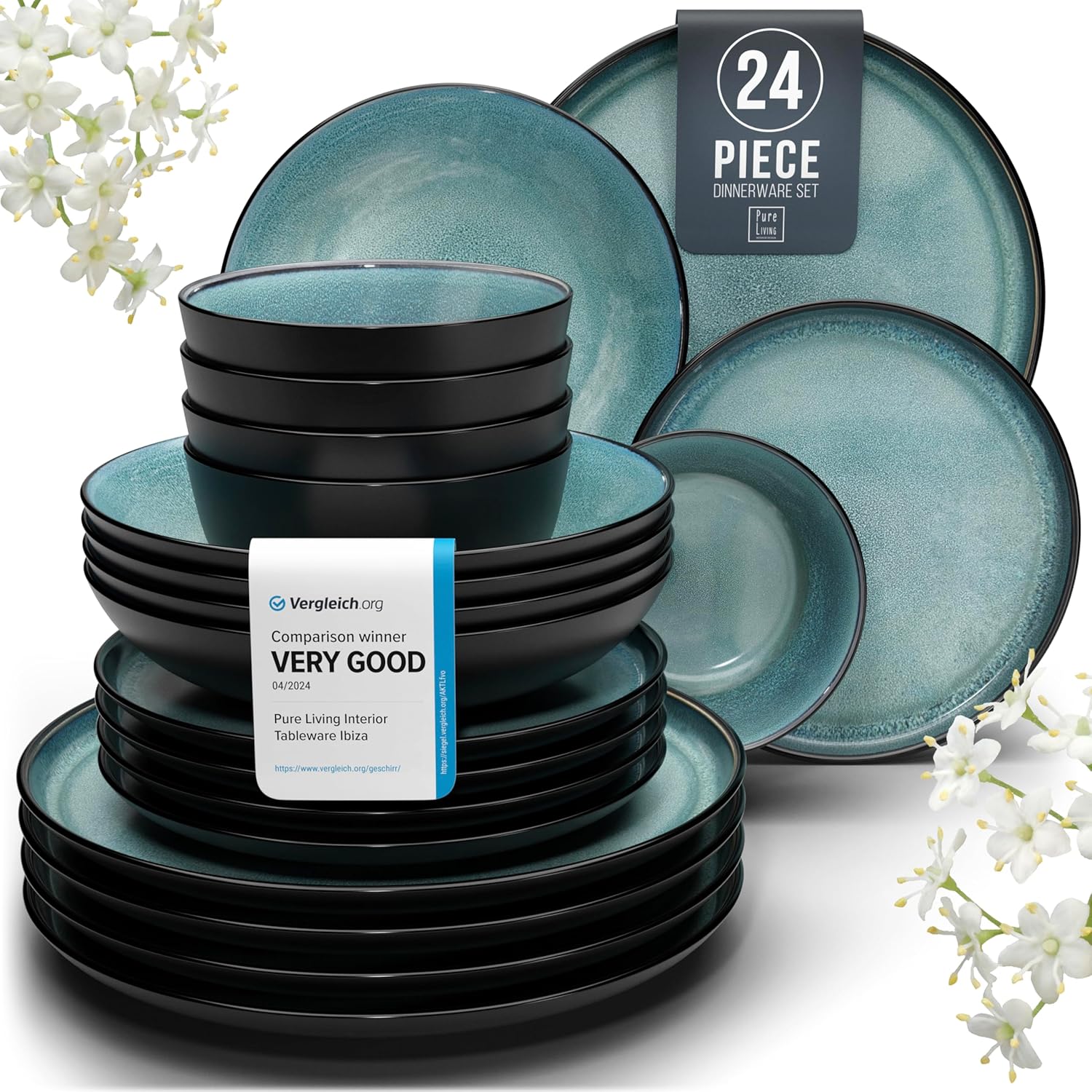 24 Piece Dinner Sets for 6 People - Beautiful Mediterranean Style Stoneware Dinn...