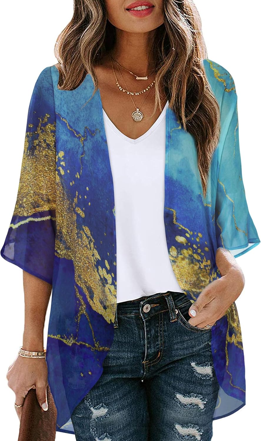 Women's Floral Print Puff Sleeve Kimono Cardigan Loose Cover Up Casual Blouse To...