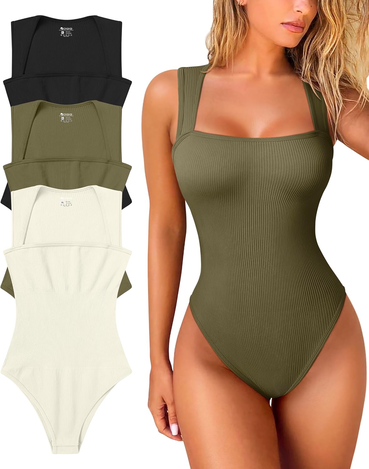 Premium OQQ Women's Bodysuits, Exclusive 3 Piece Set of Sexy Ribbed Bodysuits, F...
