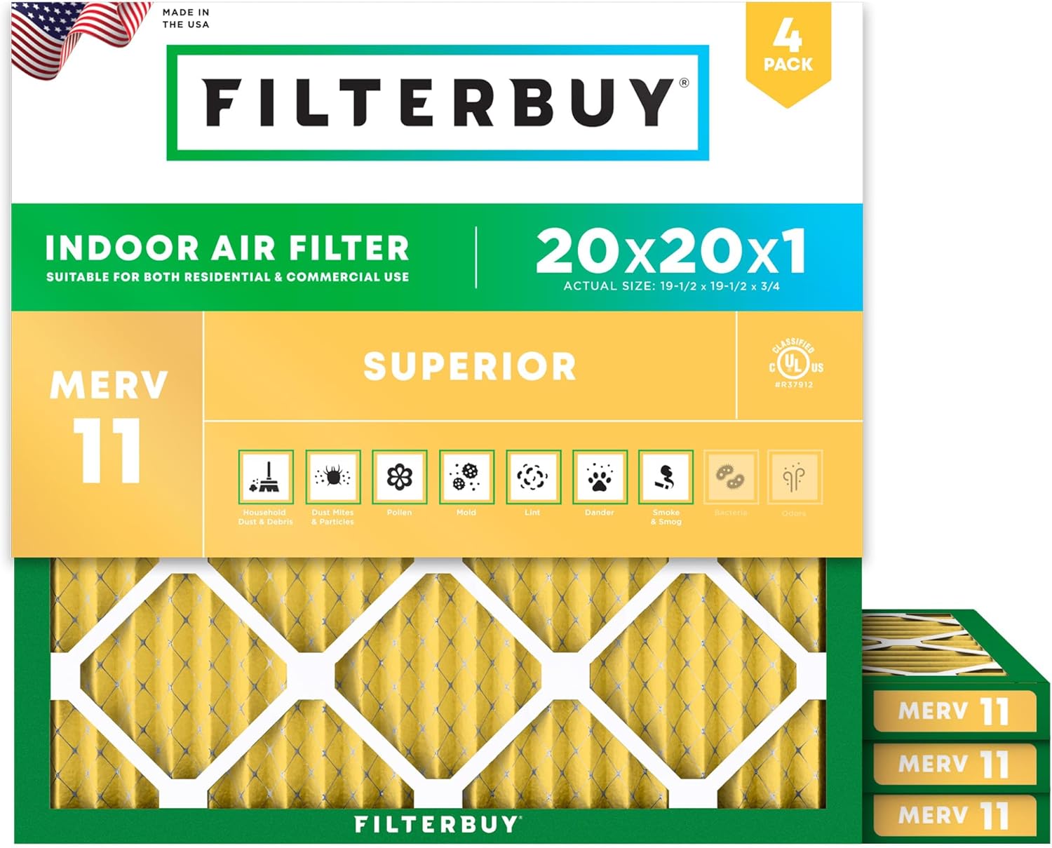 Filterbuy 20x20x1 Air Filter MERV 11 Allergen Defense (4-Pack), Pleated HVAC AC...