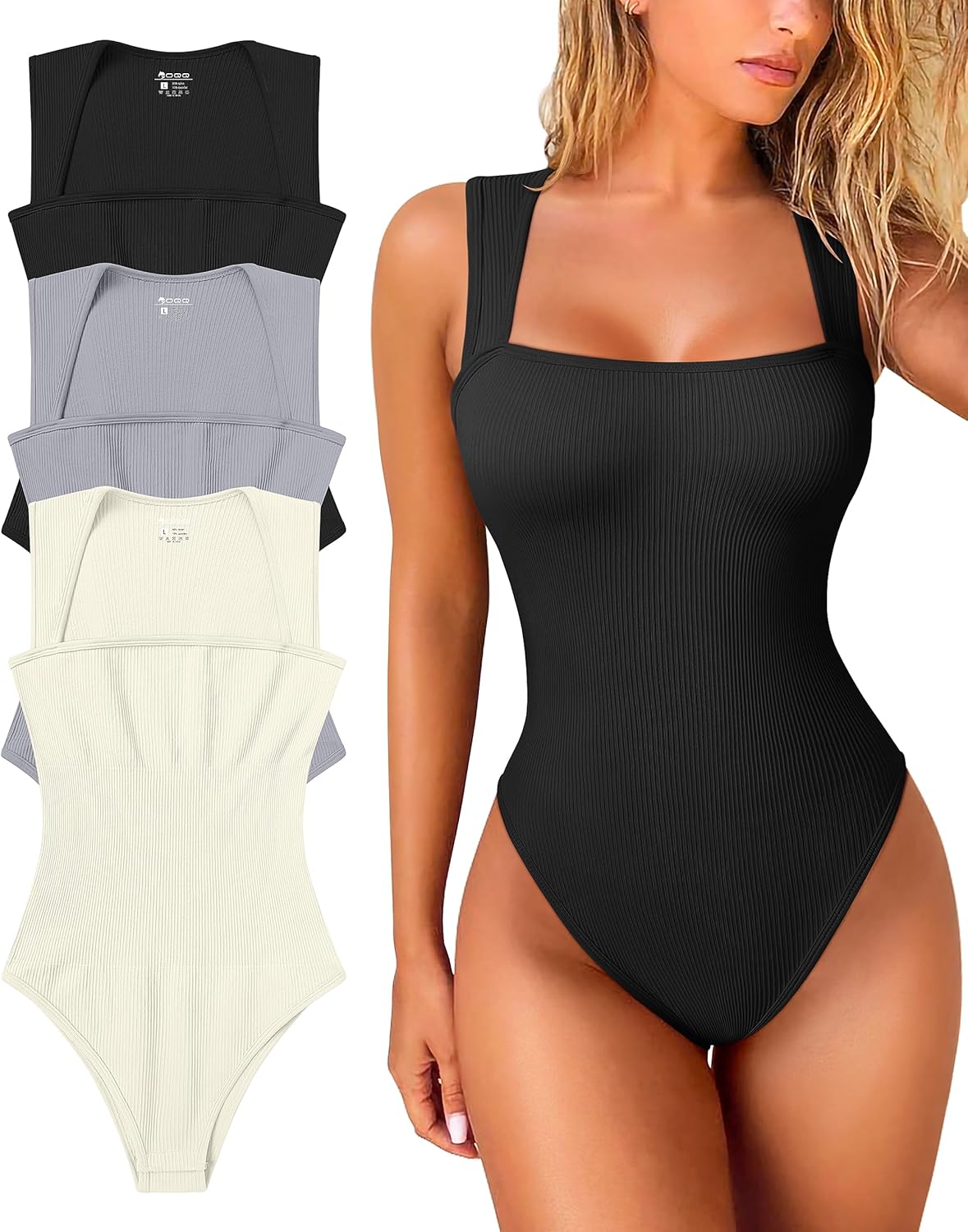 OQQ Women's 3 Piece Bodysuits Sexy Ribbed Strappy Square Neck Sleeveless Tummy C...