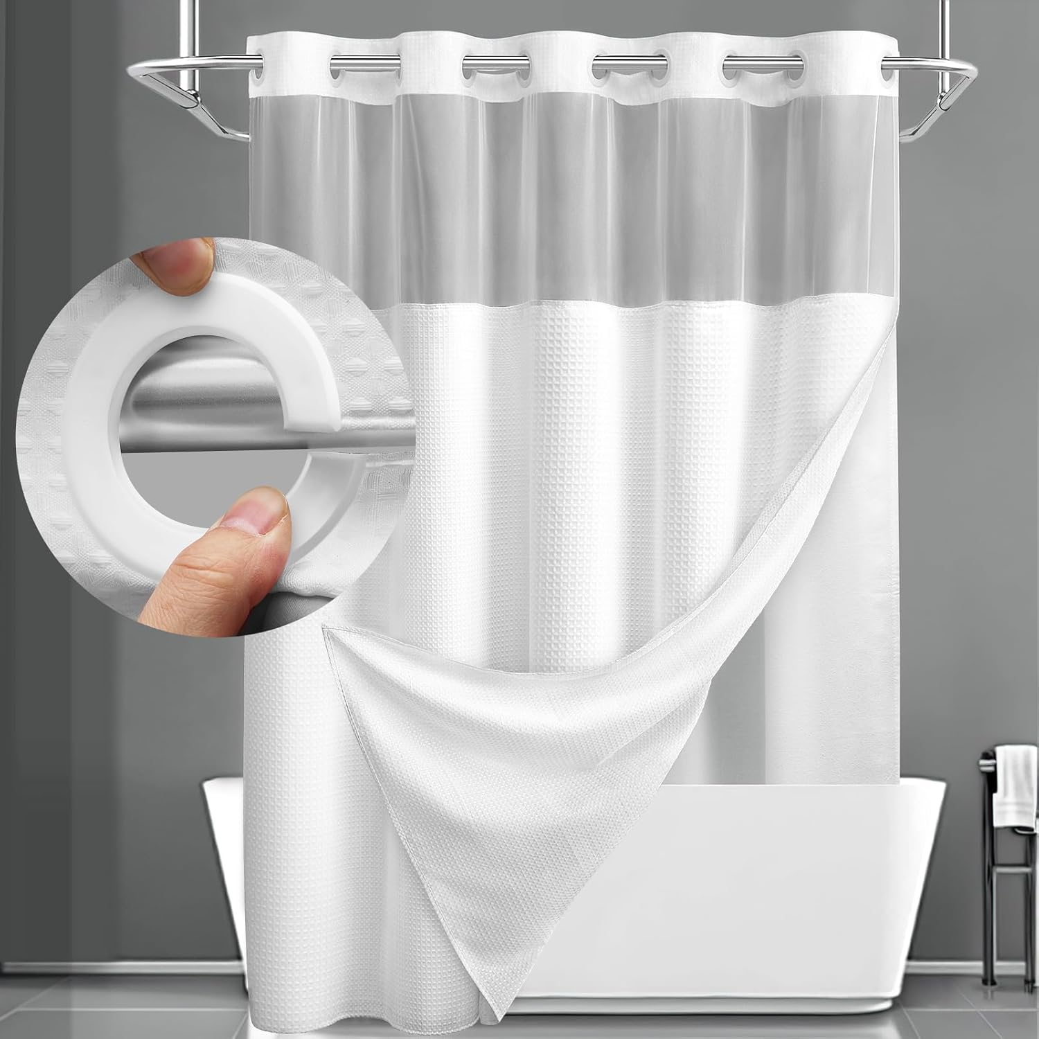 No Hook Shower Curtain with Snap in Fabric Liner Set Less Time White Waffle Show...