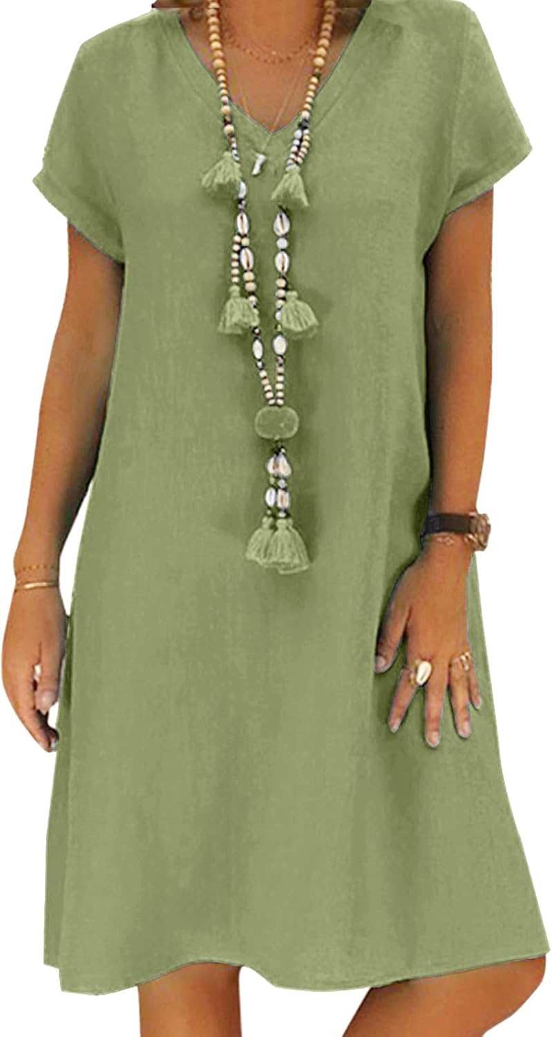 Stylish Women's Dress, High-Quality Summer Linen Dress, Elegant Casual V Neck Mi...