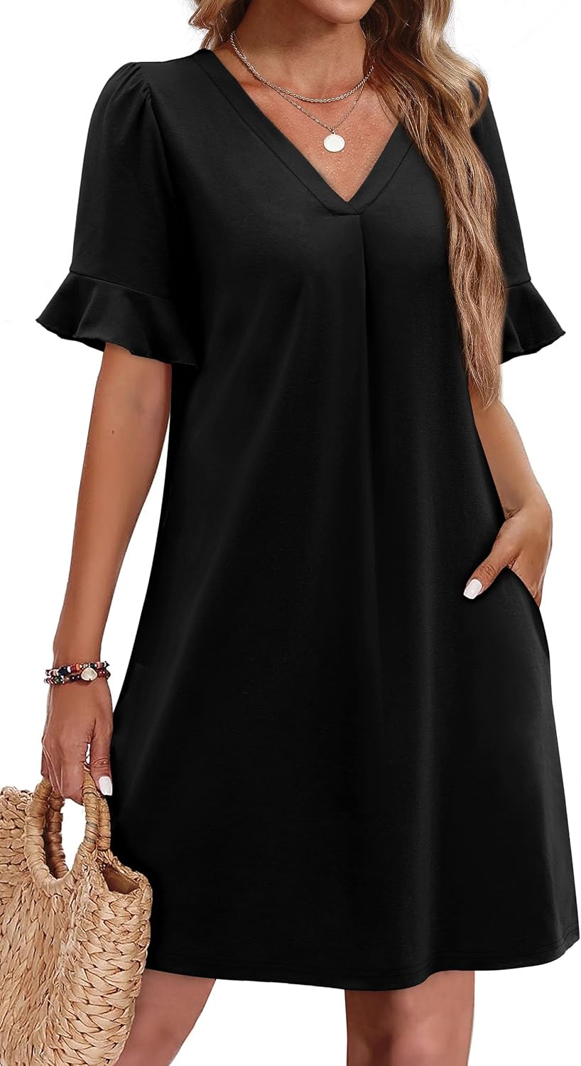 OFEEFAN Summer Dresses, Unique Women's Ruffle Short Sleeve Dress, Innovative V N...