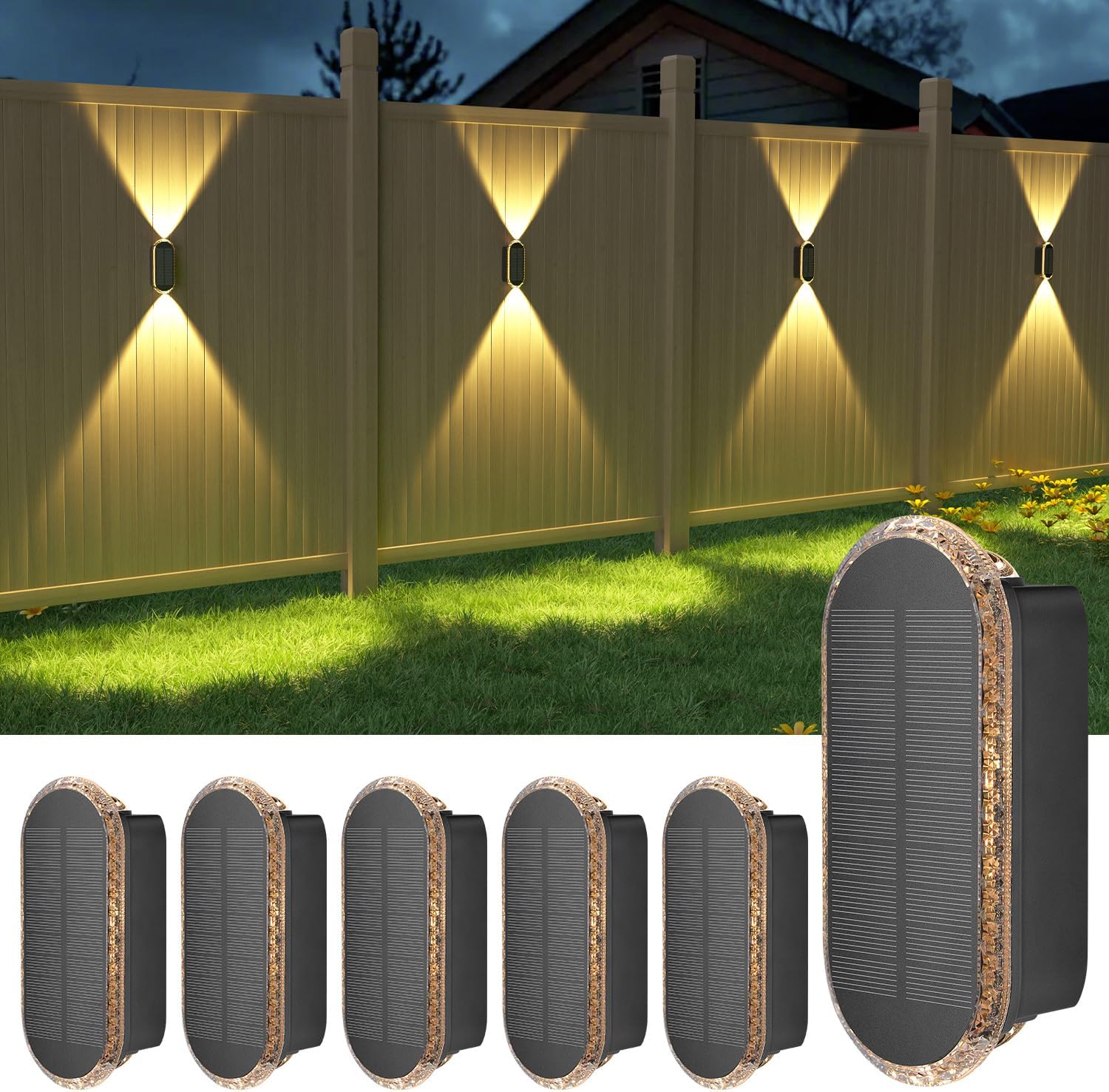 ELLASAY Solar Fence Lights Outdoor Wall: 6 Pack IP65 Waterproof LED Lights with...