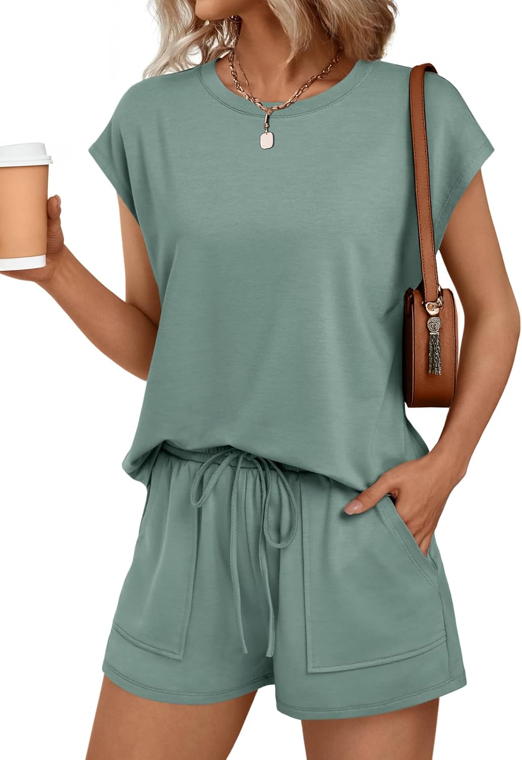 AUTOMET Womens Crew Neck Set, Special Two Piece Short Sets with Cap Sleeve, Affo...