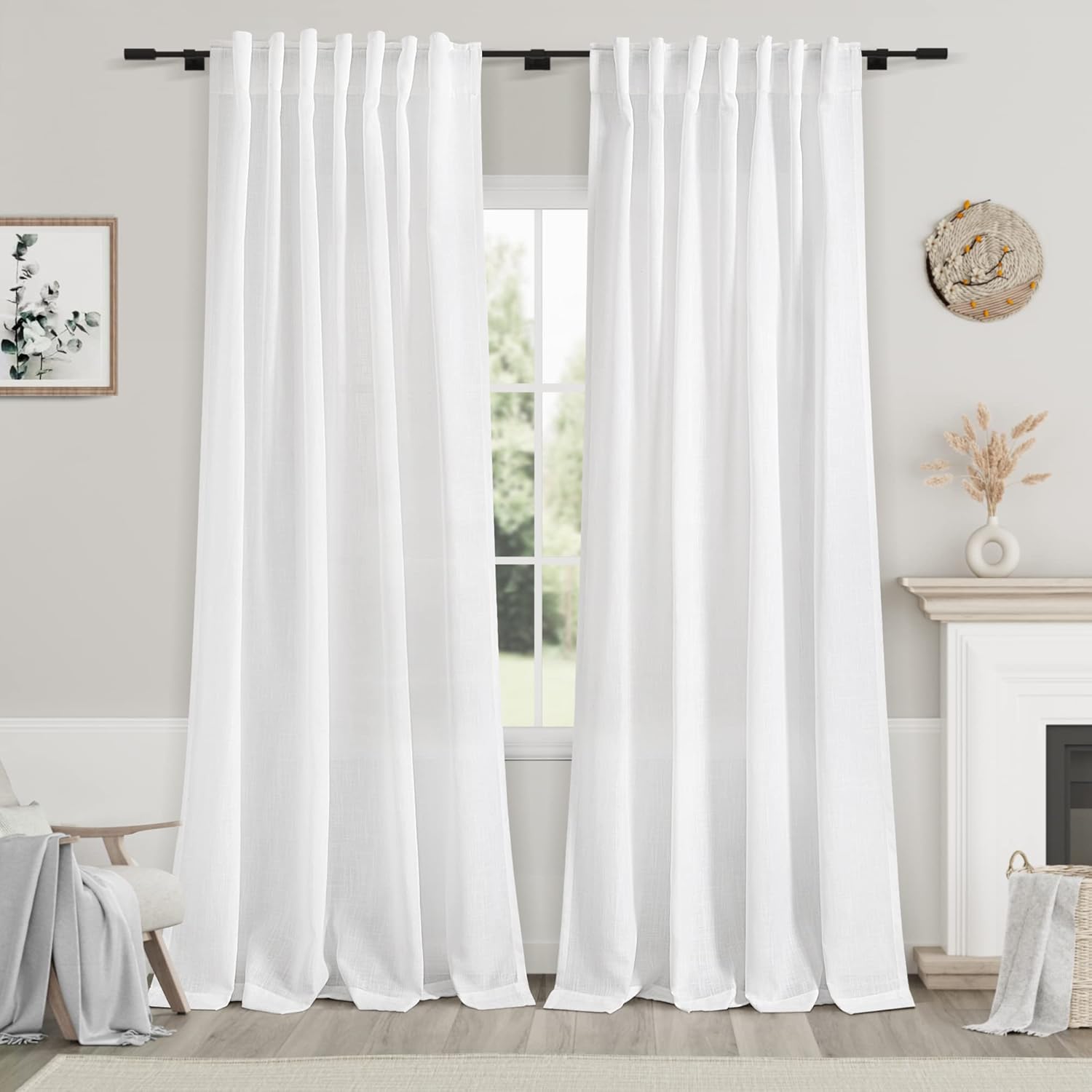White Linen Curtains 84 inches Long for Bedroom Back Tab Light Filtering Privacy...