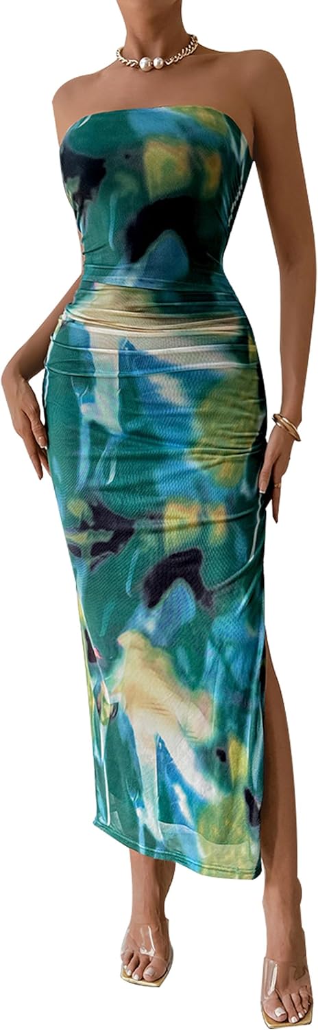 PRETTYGARDEN Women's Summer Maxi Bodycon Dresses Strapless Tube Top Slit Floral...