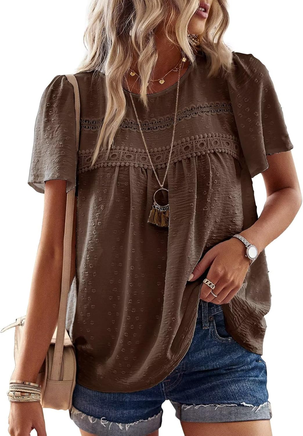 Women's Summer Tops, Elegant Crewneck Short Sleeve Shirts, Stylish Casual Chiffo...