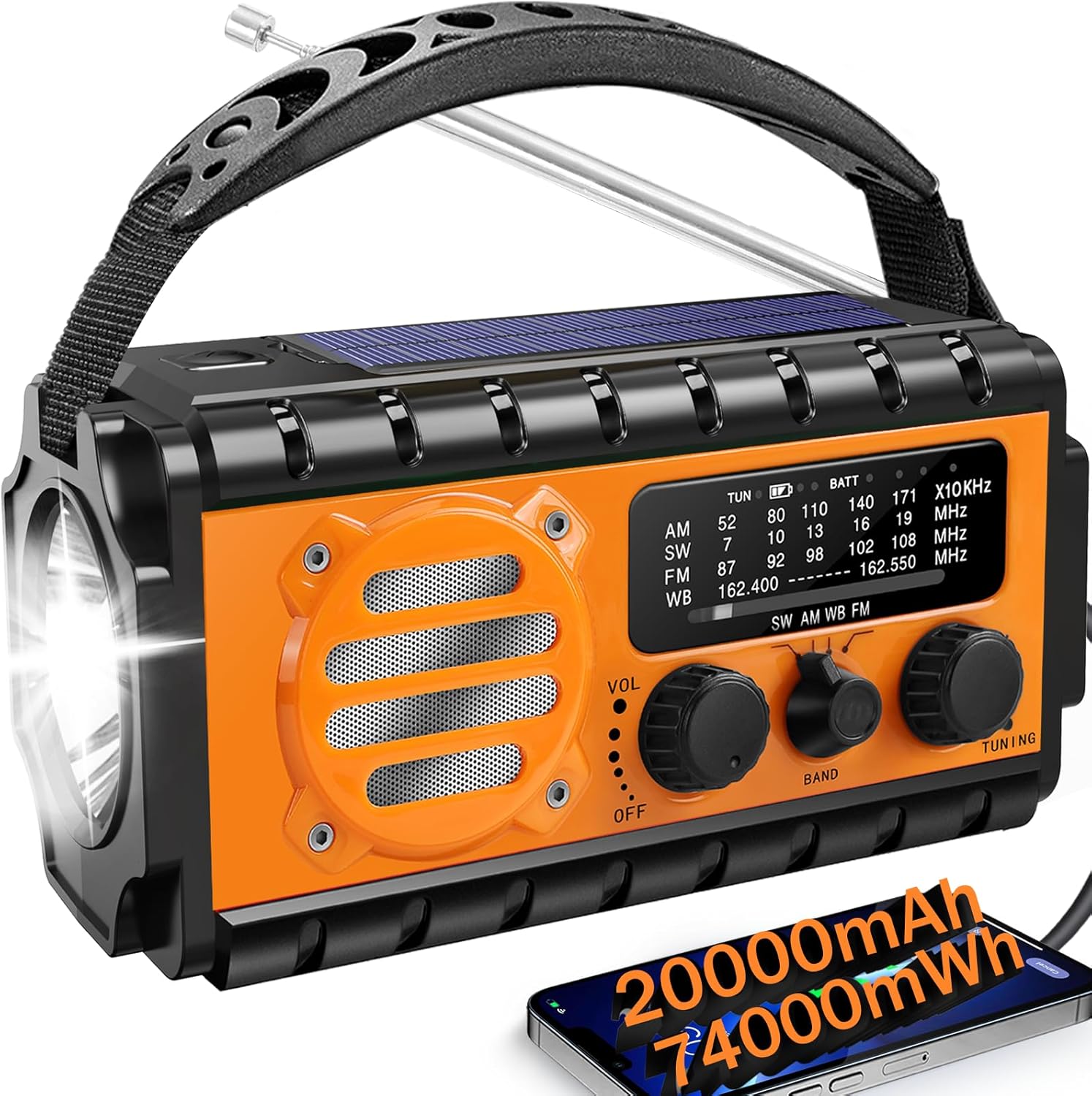 74000mWh Emergency Radio, Special Portable Hand Crank Radio with NOAA Weather, I...