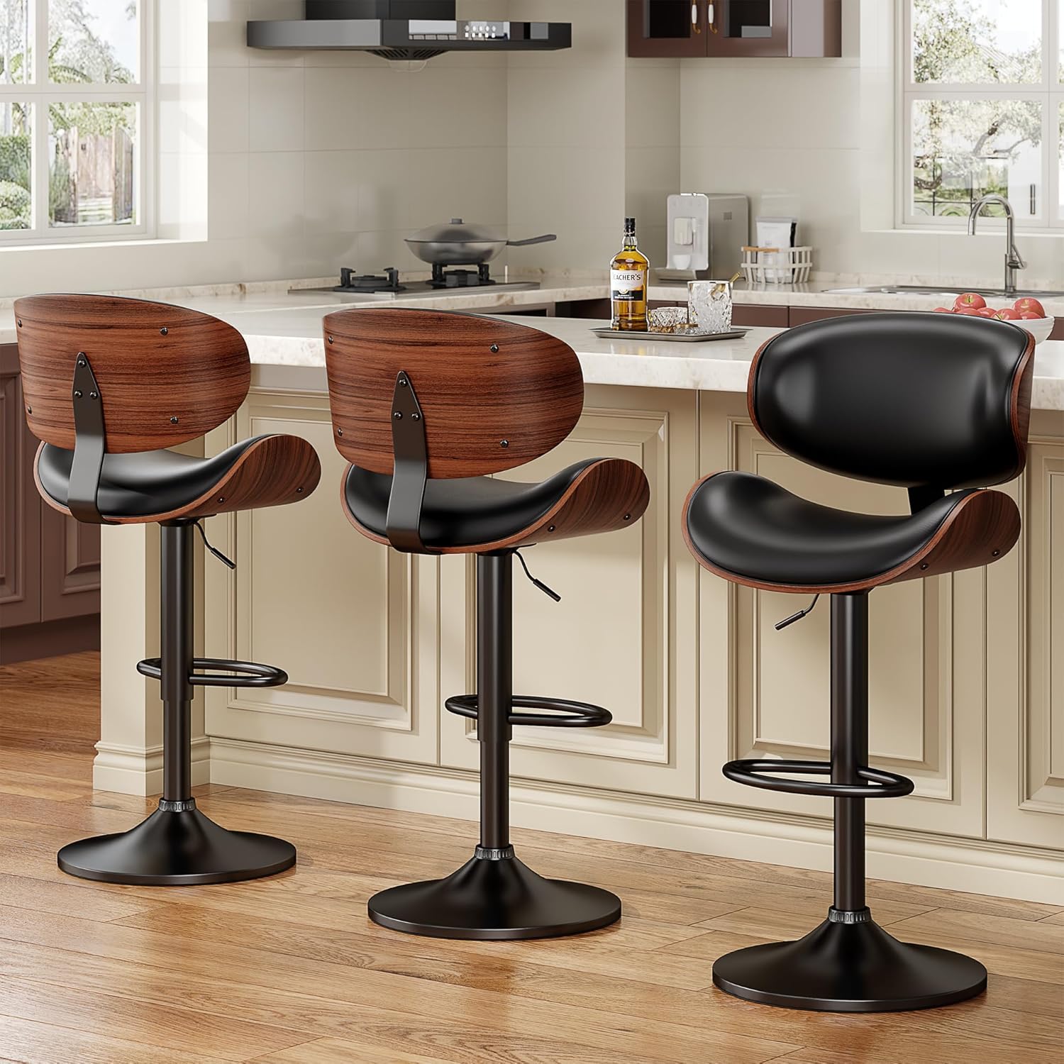 Unique Bentwood Bar Stools Set, Special Adjustable Height Swivel Bar Chair for C...