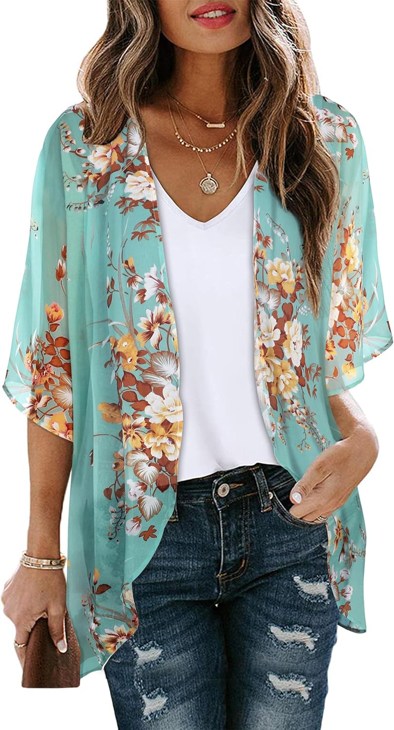 Women's Floral Cardigan, Special Kimono Cover Up with Puff Sleeves, Casual Blous...