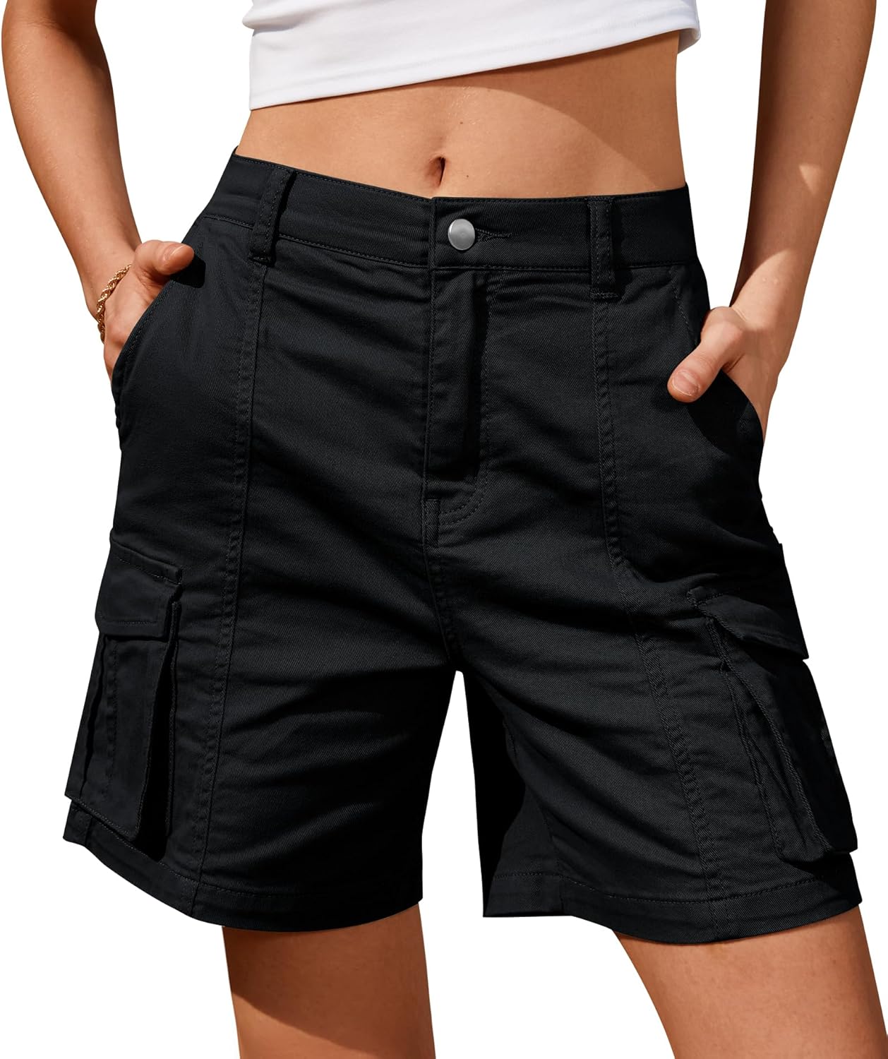 IVIR Bermuda Cargo Shorts for Women Knee Length 6 Pockets Elastic Waist Long Sho...