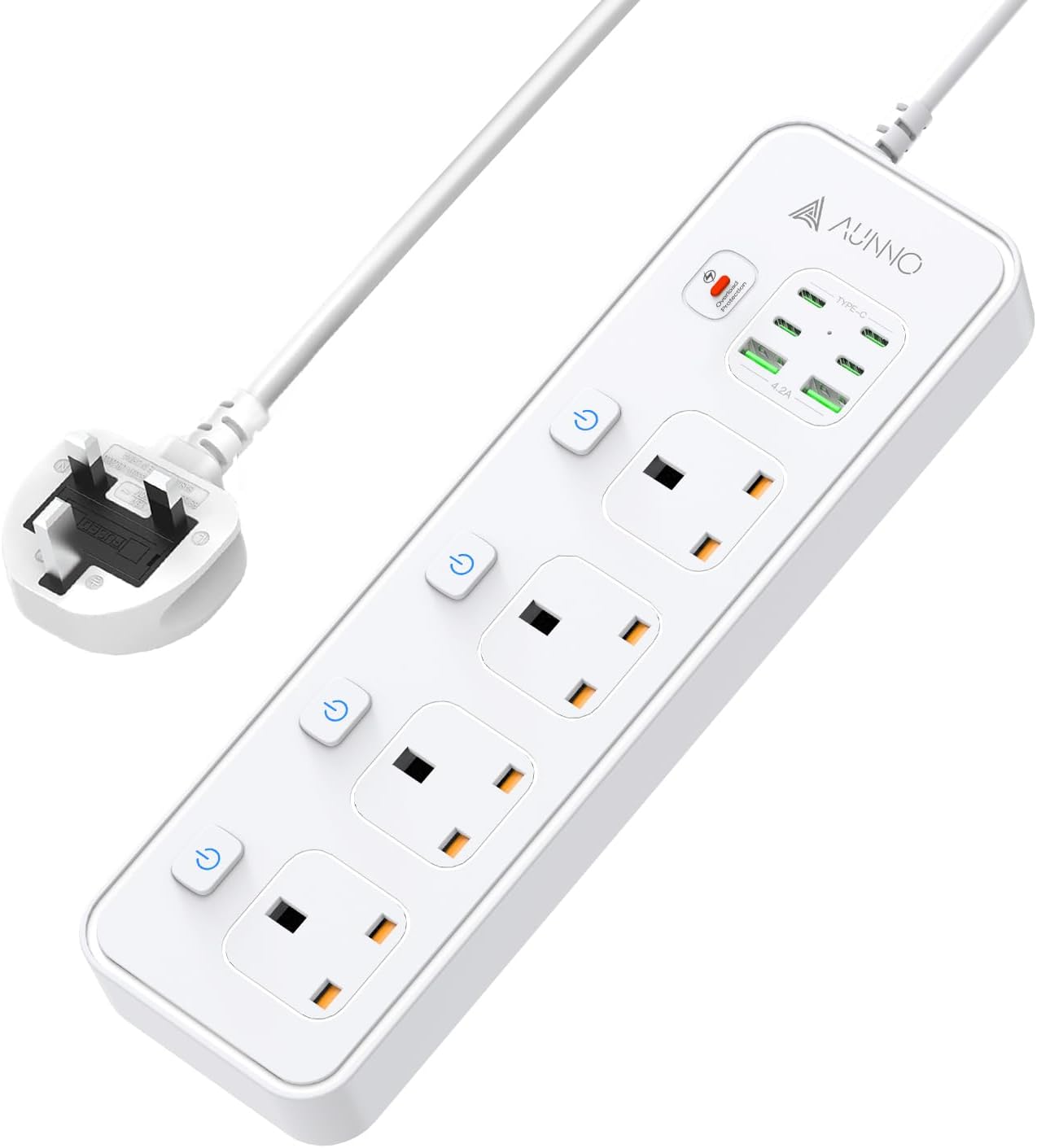 AUNNO Extension Lead with USB Slots, 4 Way Sockets Outlets with 4 USB-C Ports an...