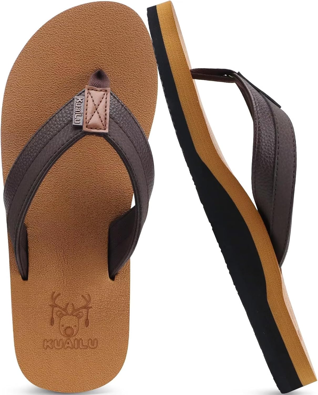 KuaiLu Men's Yoga Mat Leather Sandals, Comfortable Thong Flip Flops With Arch Su...