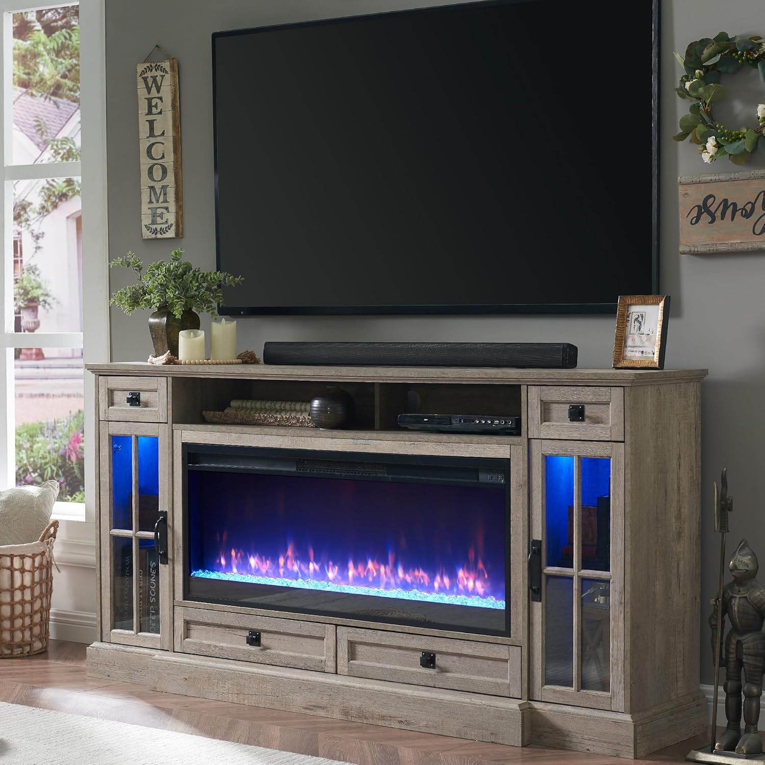 OKD Fireplace TV Stand for 80 Inch TV, Farmhouse Entertainment Center with 42" F...