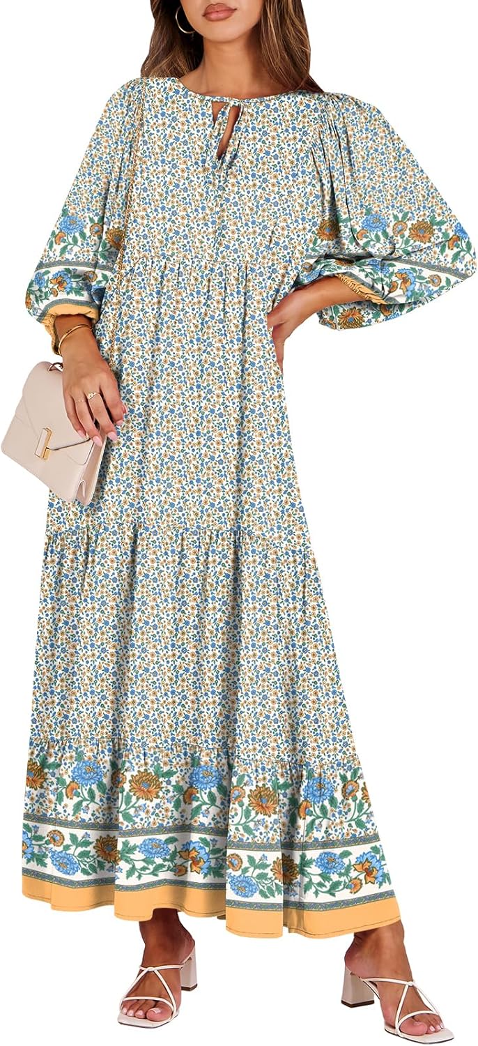 ANRABESS Women's Boho Maxi Dresses, Unique Summer V Neck Puff Sleeve Dress, High...