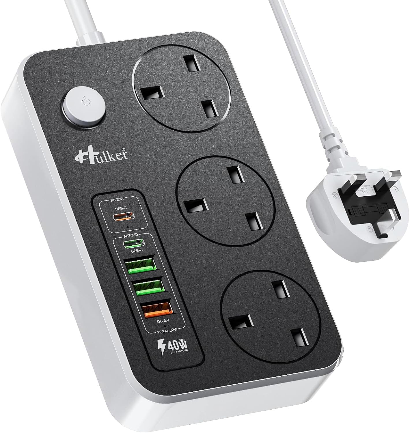 Hulker Extension Lead with USB C Ports Power Strip with 3 Way Outlets 5 USB Slot...