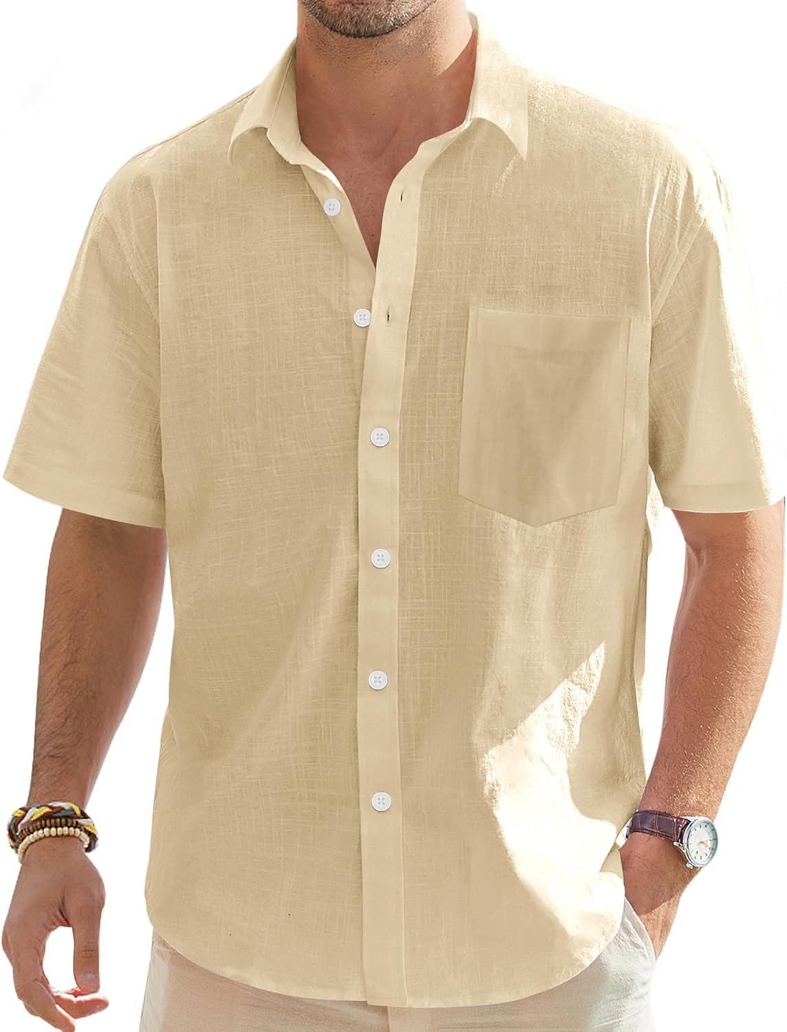 High-Quality J.VER Men's Cotton Linen Shirts, Special Lightweight Short Sleeve B...