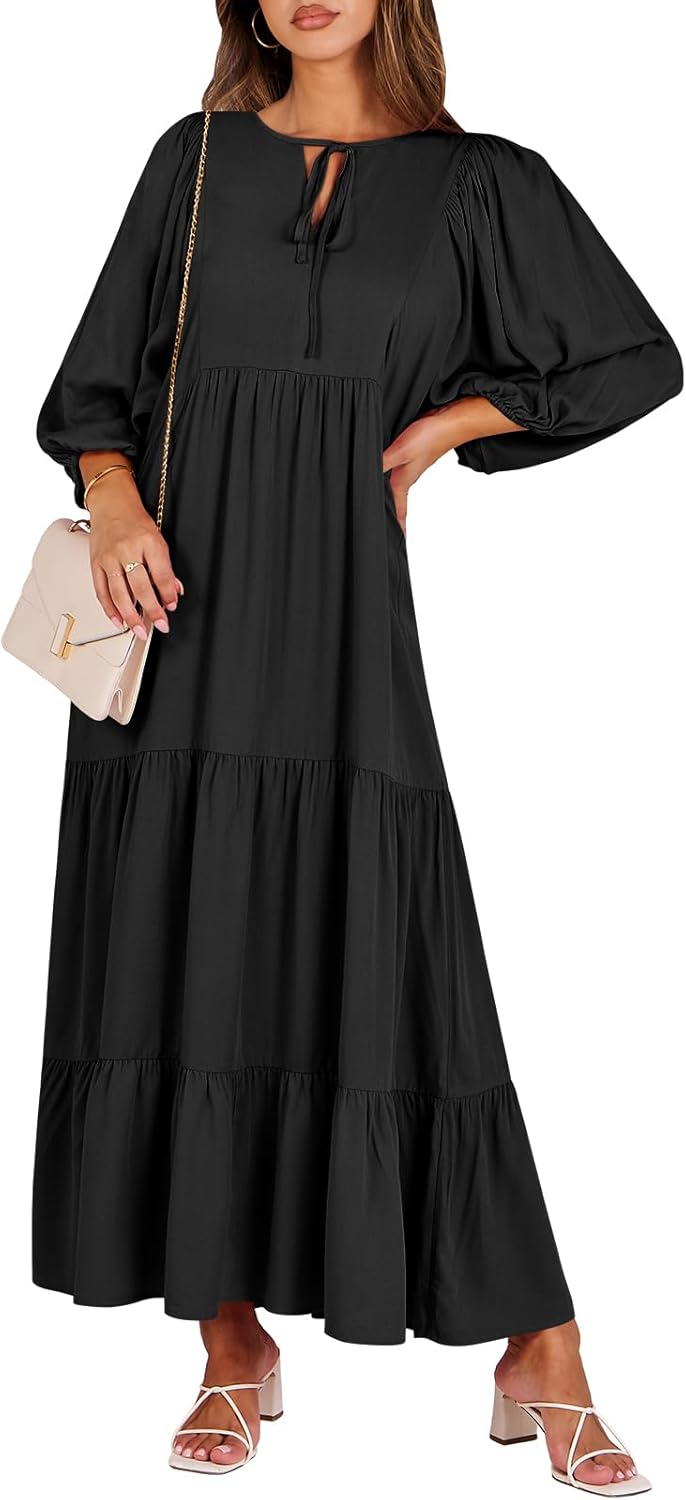 ANRABESS Womens Boho Maxi Dresses 2025 Summer V Neck Puff Sleeve Floral Flowy Sw...