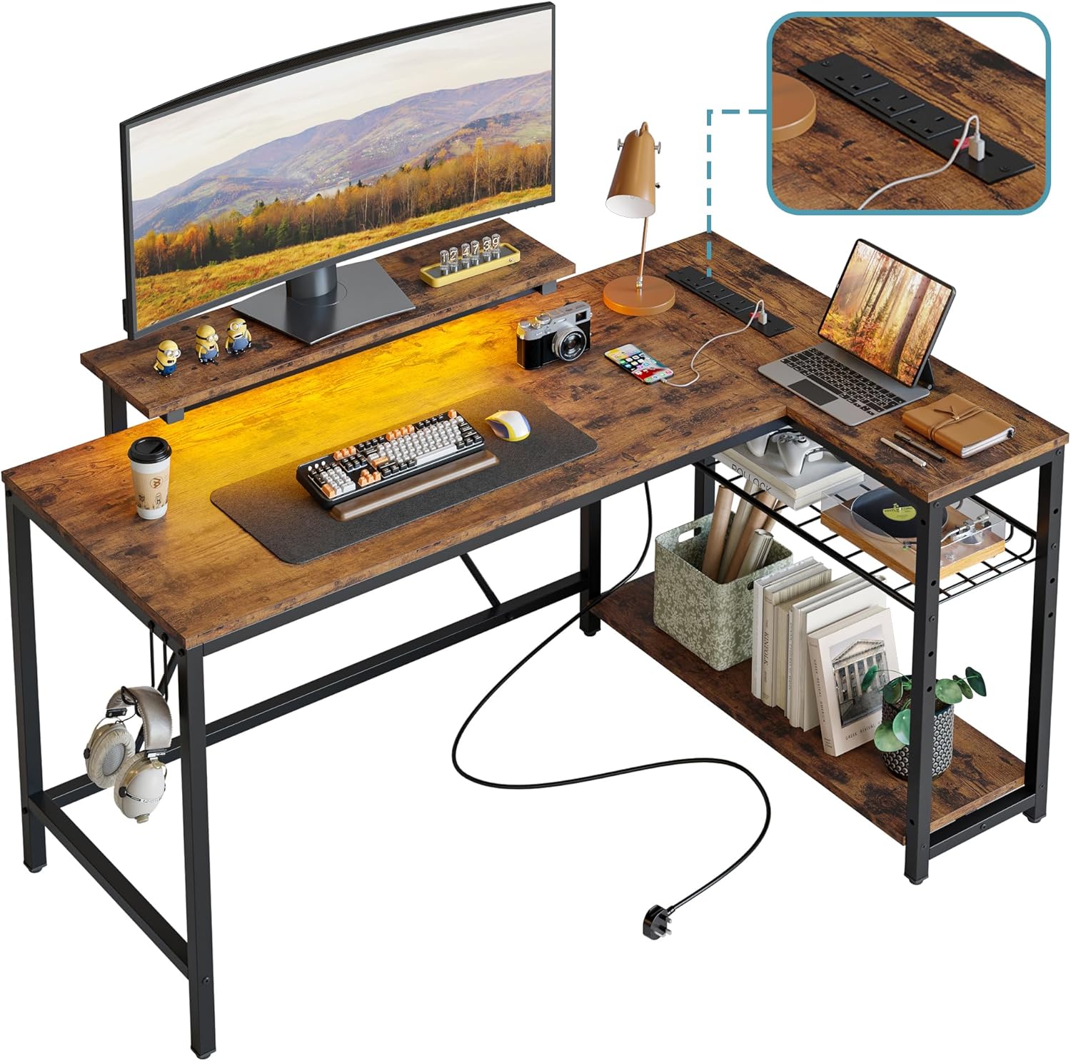 Bestier 132.5 cm L-Shaped Desk with 3 Power Outlets & 2 USB Ports, LED Strip Lig...