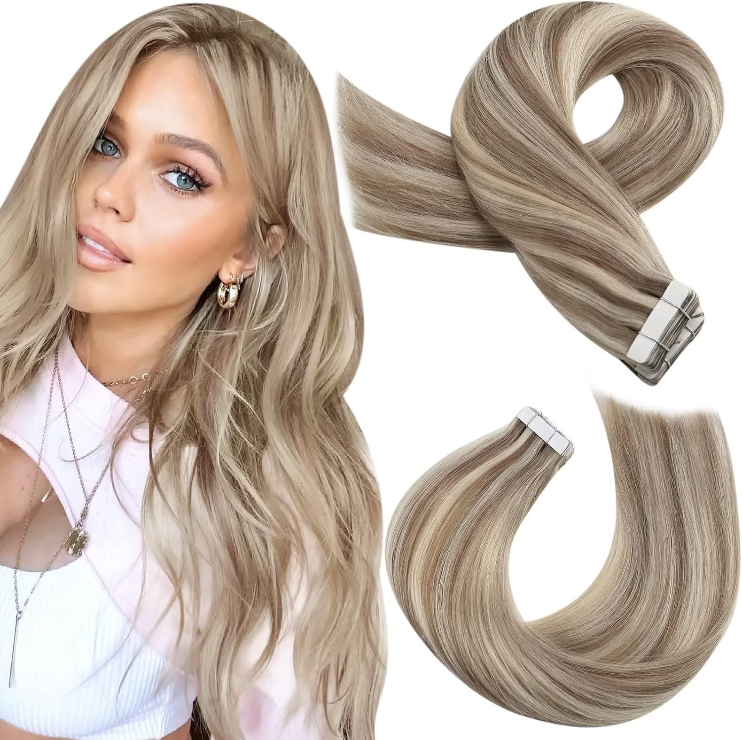 Moresoo Human Hair Tape in Extensions Blonde Highlights Seamless Tape Hair Exten...