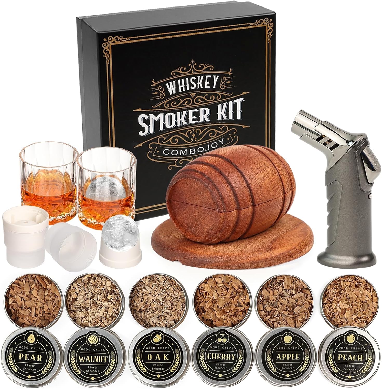 Whiskey Smoker Kit with Torch - 6 Flavors Wood Chips, 2 Glasses, 2 Ice Ball Mold...