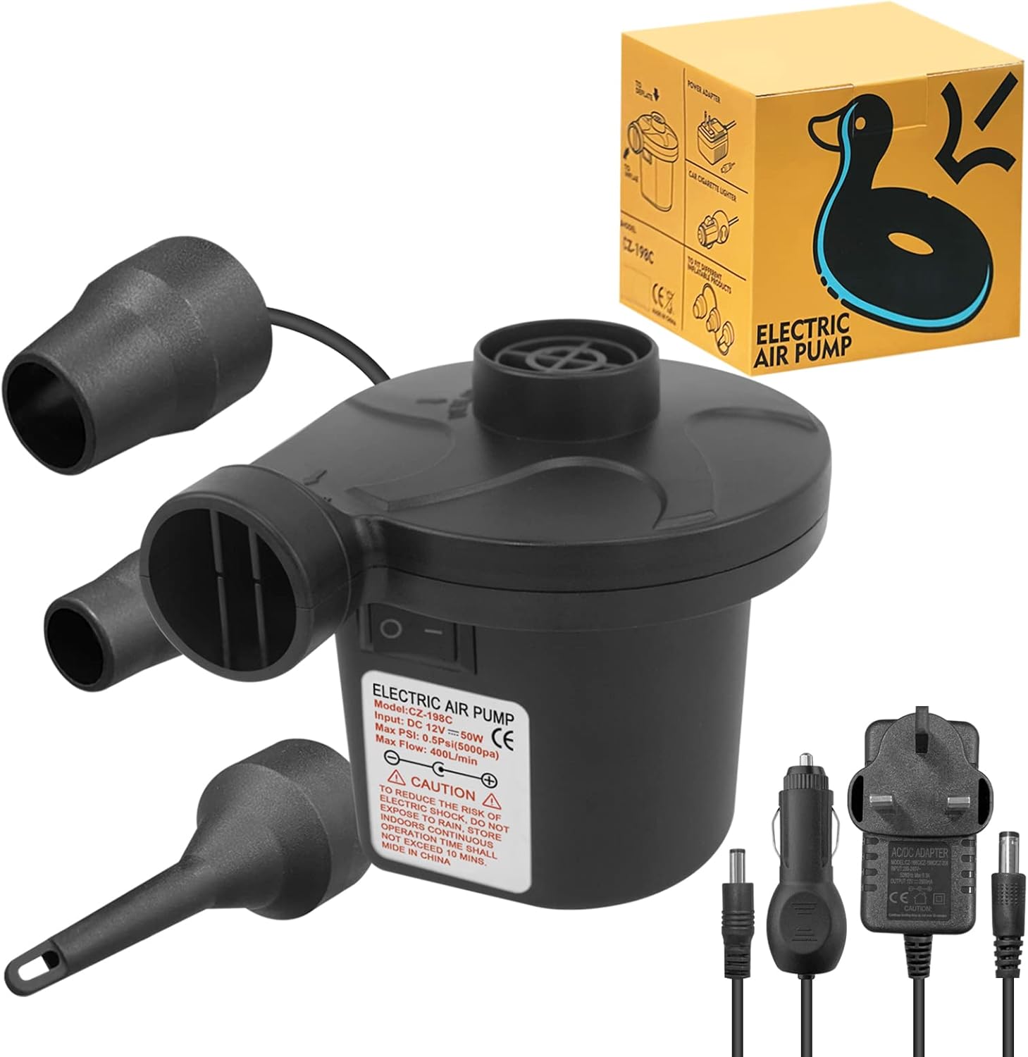 Jsdoin Electric Pump for Inflatables with 3 Nozzles, AC 240V/DC 12V 50W High Pow...