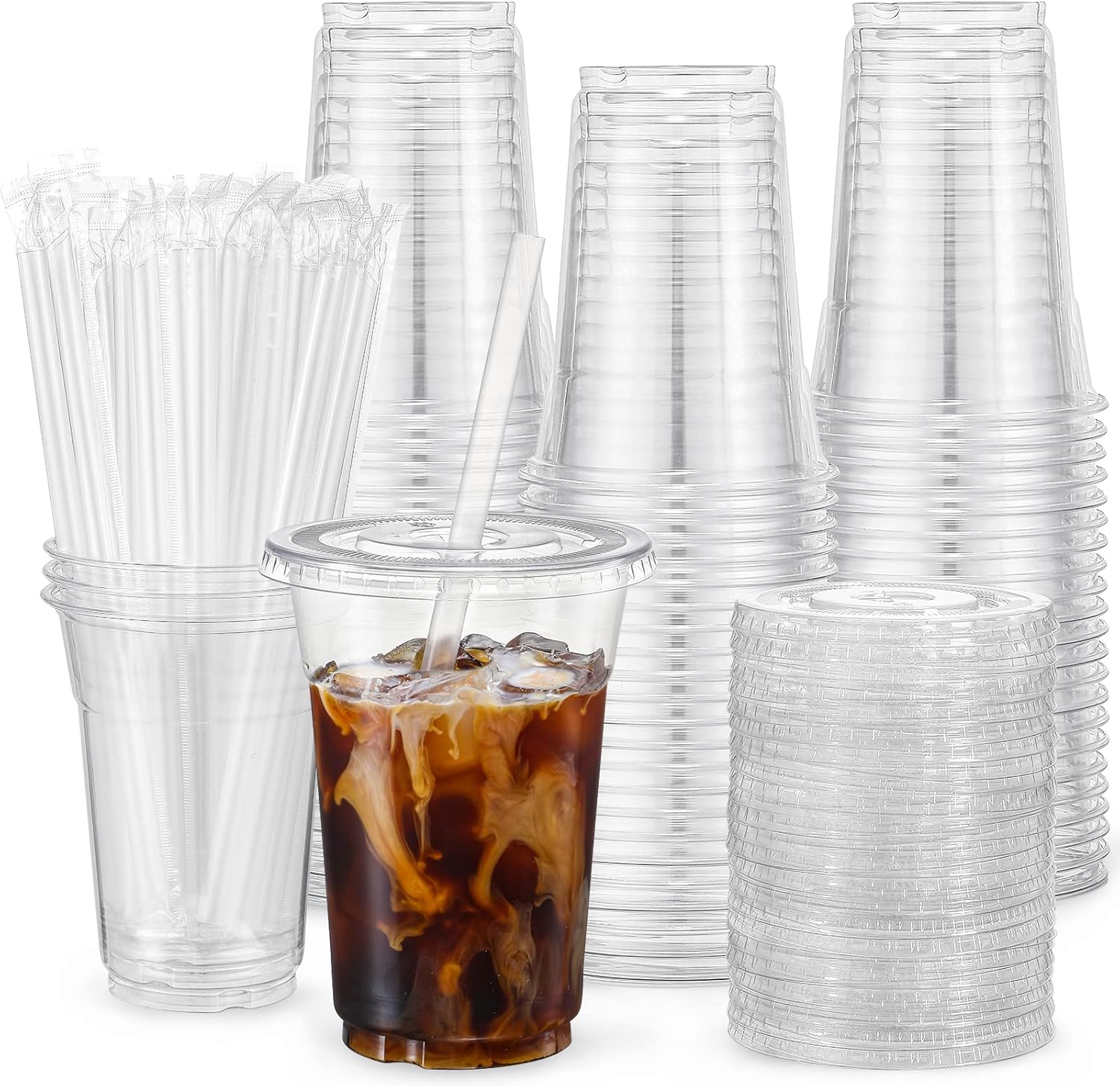 VITEVER 100 Sets Plastic Cups, Special Disposable Cups with Lids and Straws, Hig...
