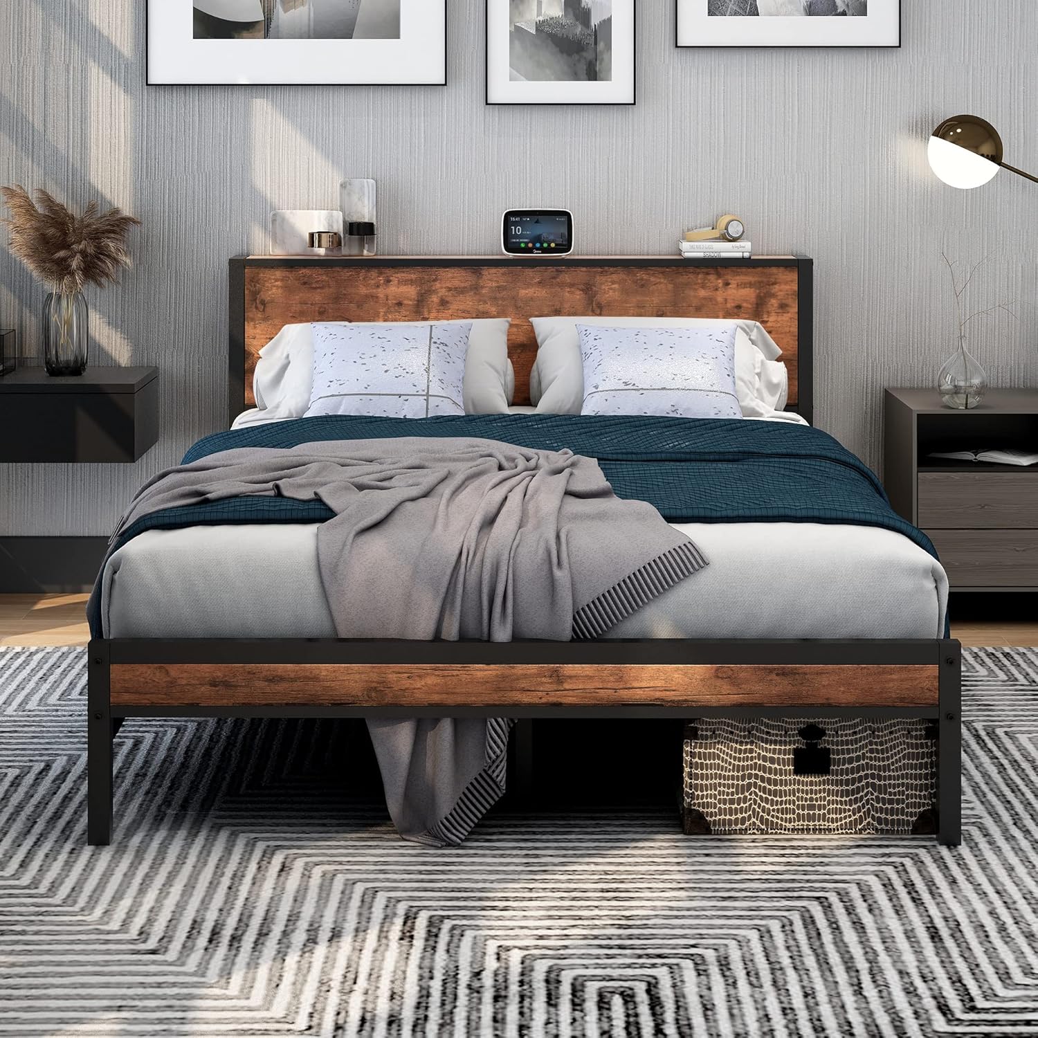 DUMEE King Size Bed Frame, Special Bed Frame with Storage and Wooden Headboard,...