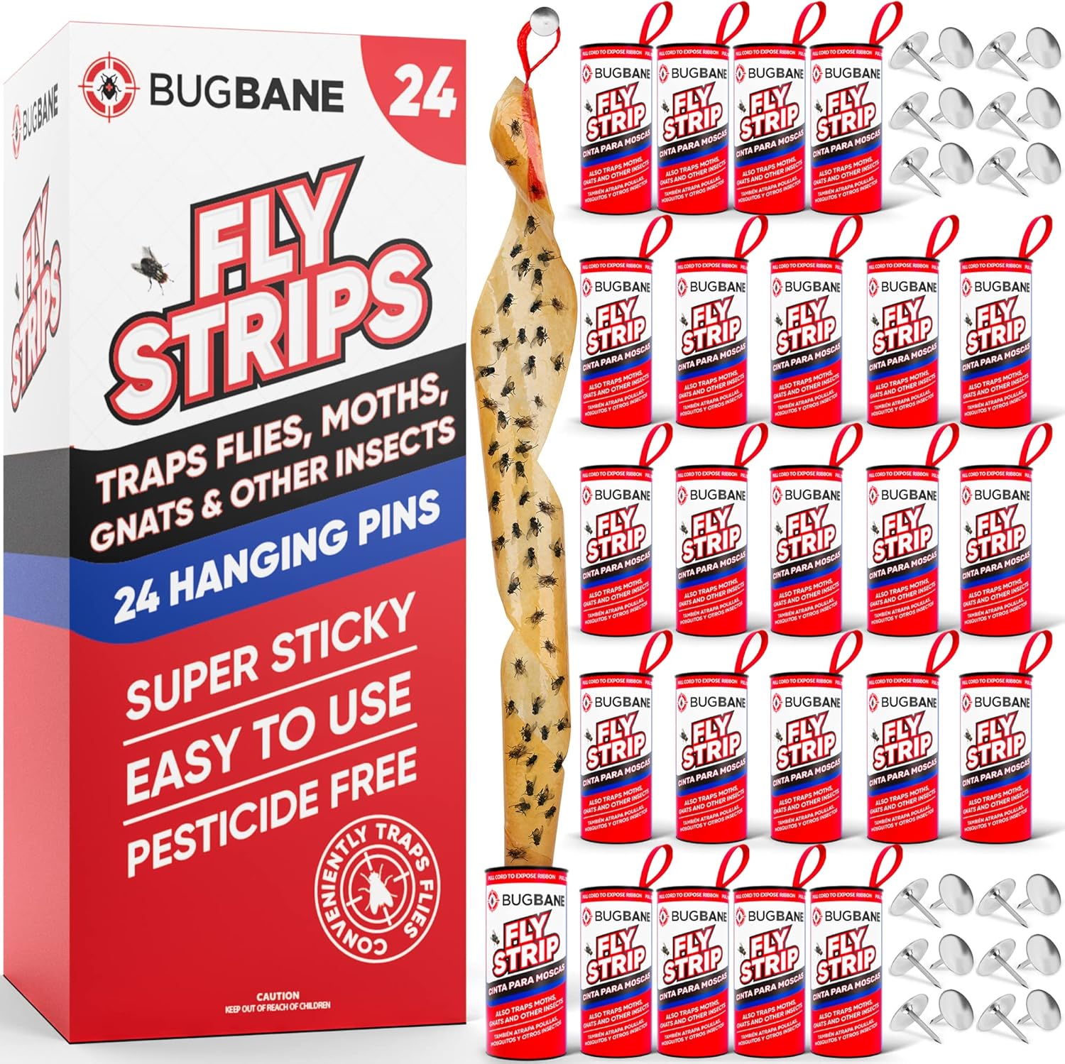 Fly Strips Indoor Sticky Hanging 24pk with Pins. Non Toxic Outdoor Fly Trap Indo...