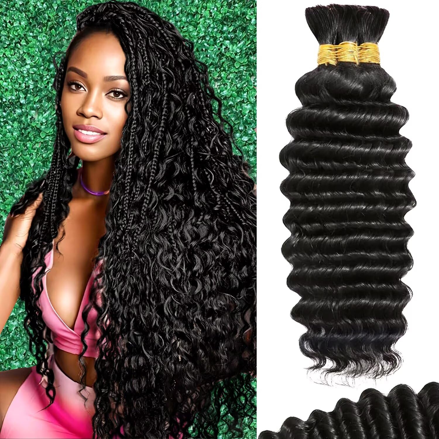 Human Braiding Hair For Boho Braids 120g Deep Wave Bulk Human Hair for Braiding...