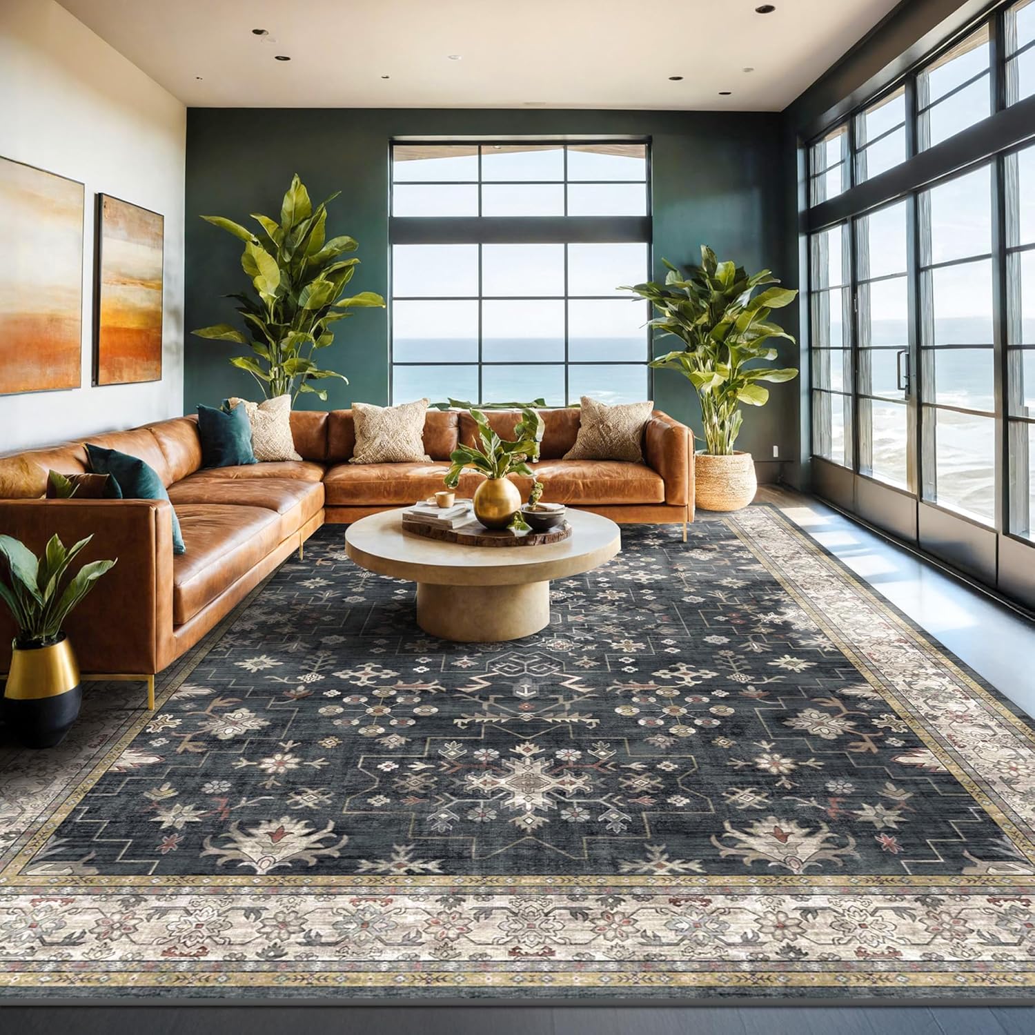 Black Boho Rug for Living Room 9x12 - Washable Dining Room Rugs for Under Table,...