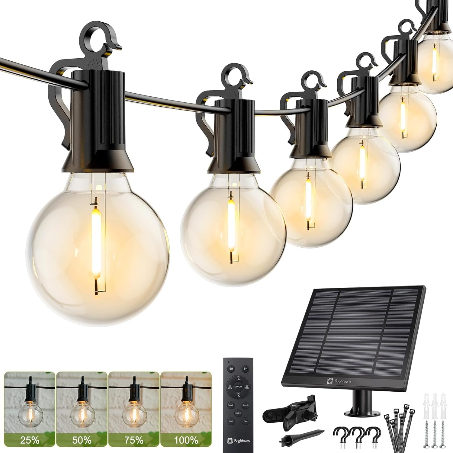 Brightown 58FT Solar String Lights Outdoor with Remote Cable Ties and Hooks, Com...