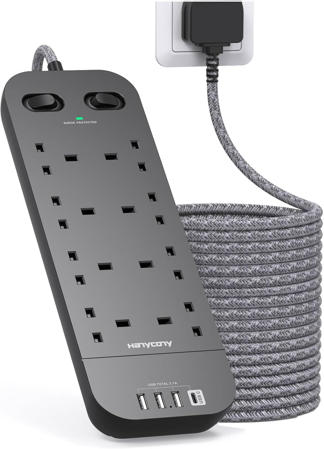 Black Extension Lead 5M, Special Power Strip with 8 Way Outlets, Innovative Surg...