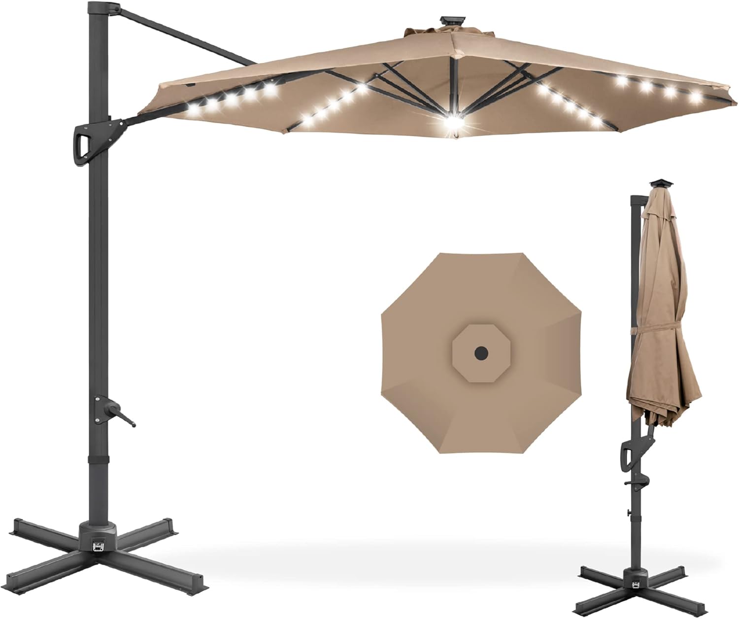 Best Choice Products 10ft Solar LED Cantilever Patio Umbrella, 360-Degree Rotati...