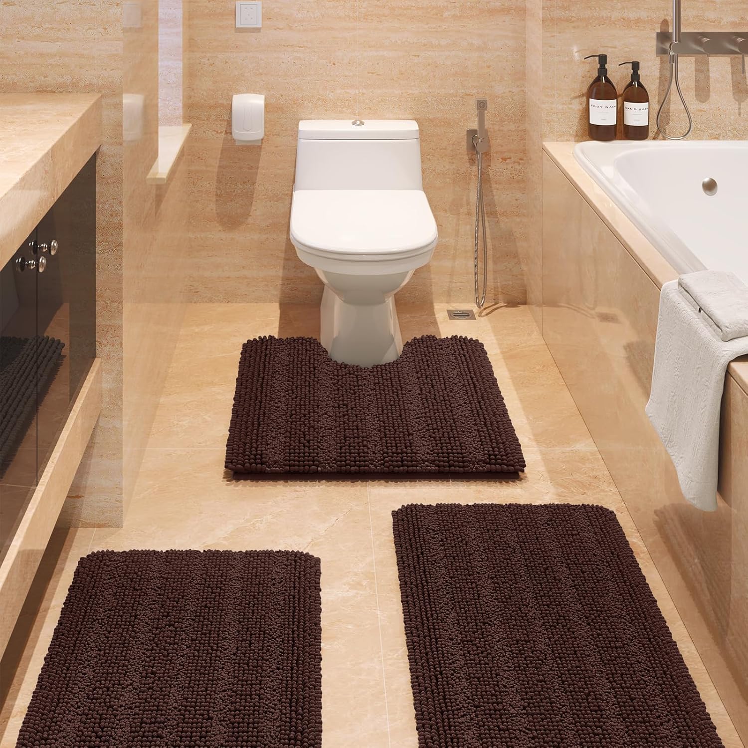 ACCUMTEK Striped Brown Bathroom Rug Set 3 Pieces Ultra Soft, Non Slip Chenille T...