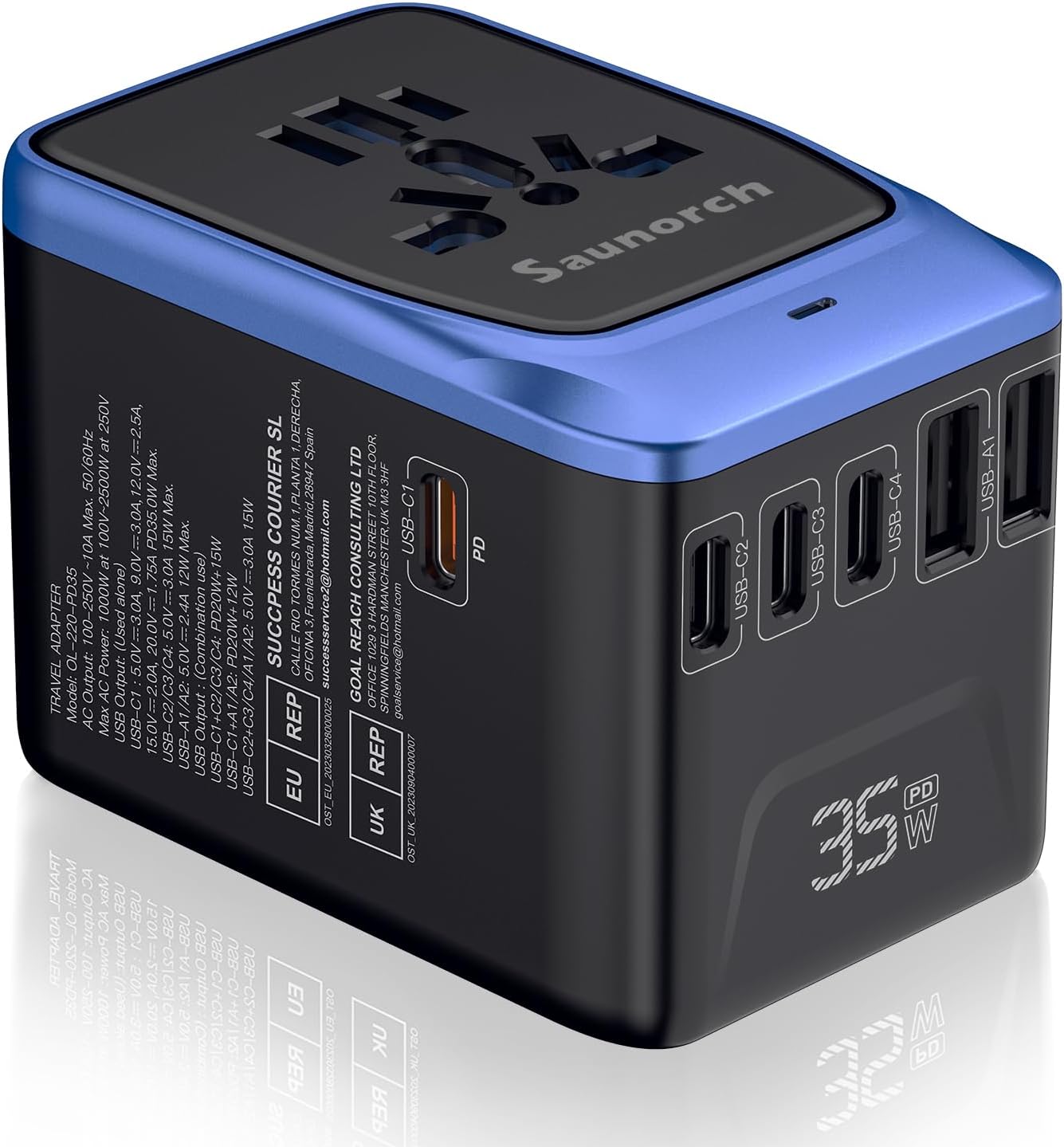 SAUNORCH Universal Travel Adapter, PD 35W 7 in 1 International Power Plug Adapte...
