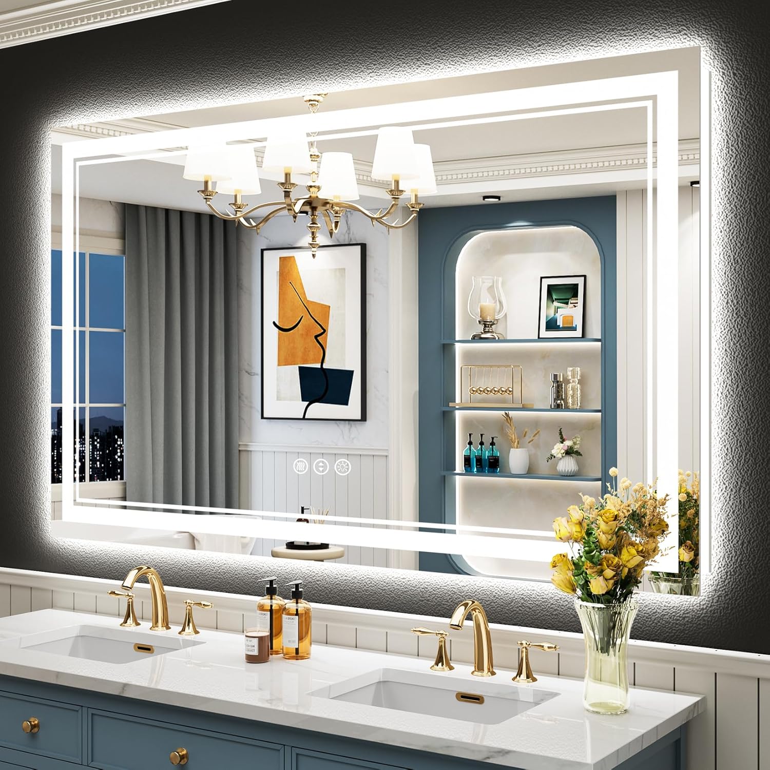 55x36 LED Bathroom Mirror with Lights, Backlit + Front Lit, Anti-Fog Lighted Van...
