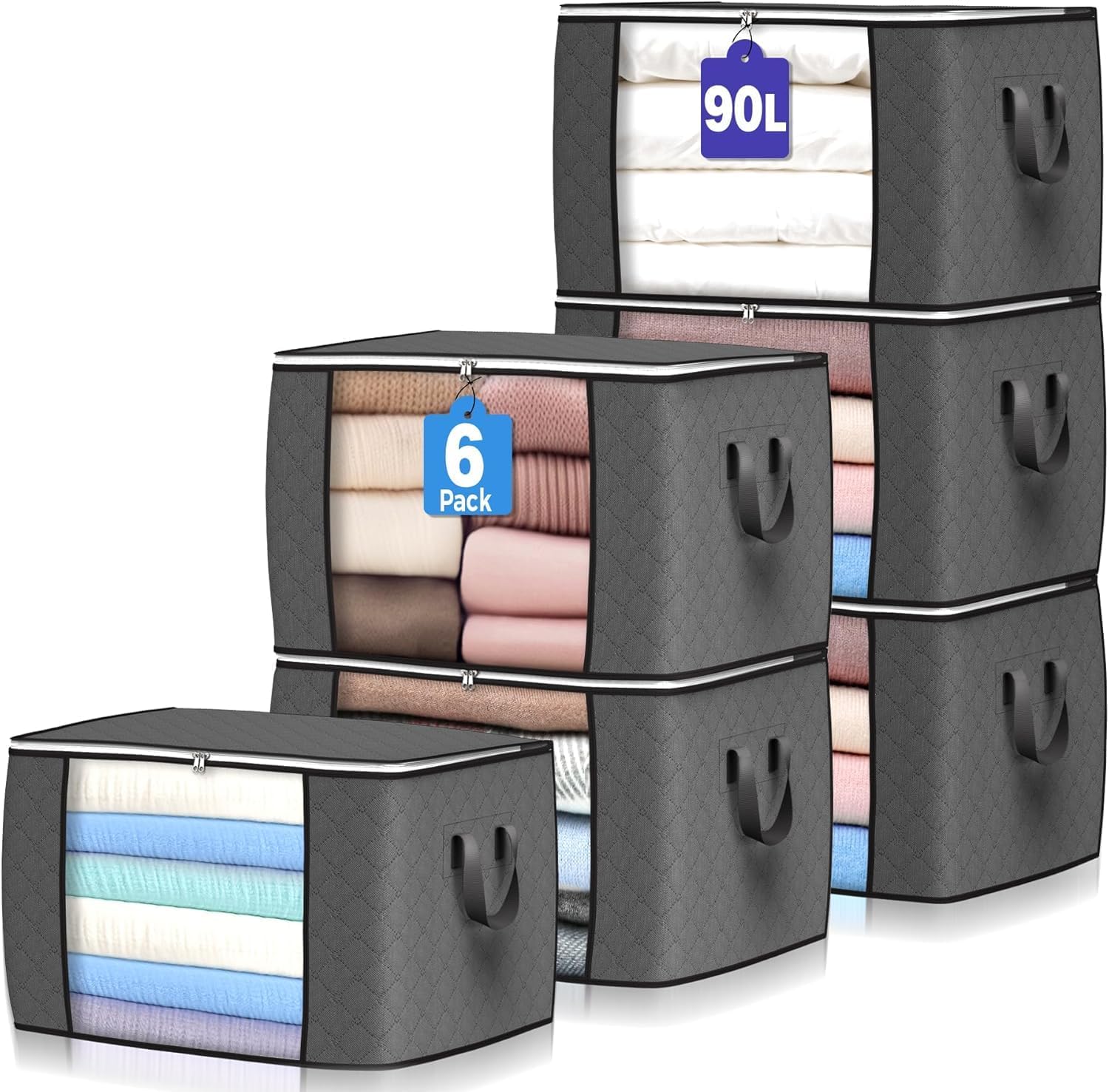 90 L Large Storage Bags, 6 Pack Clothes Storage Bins Foldable Closet Organizers...